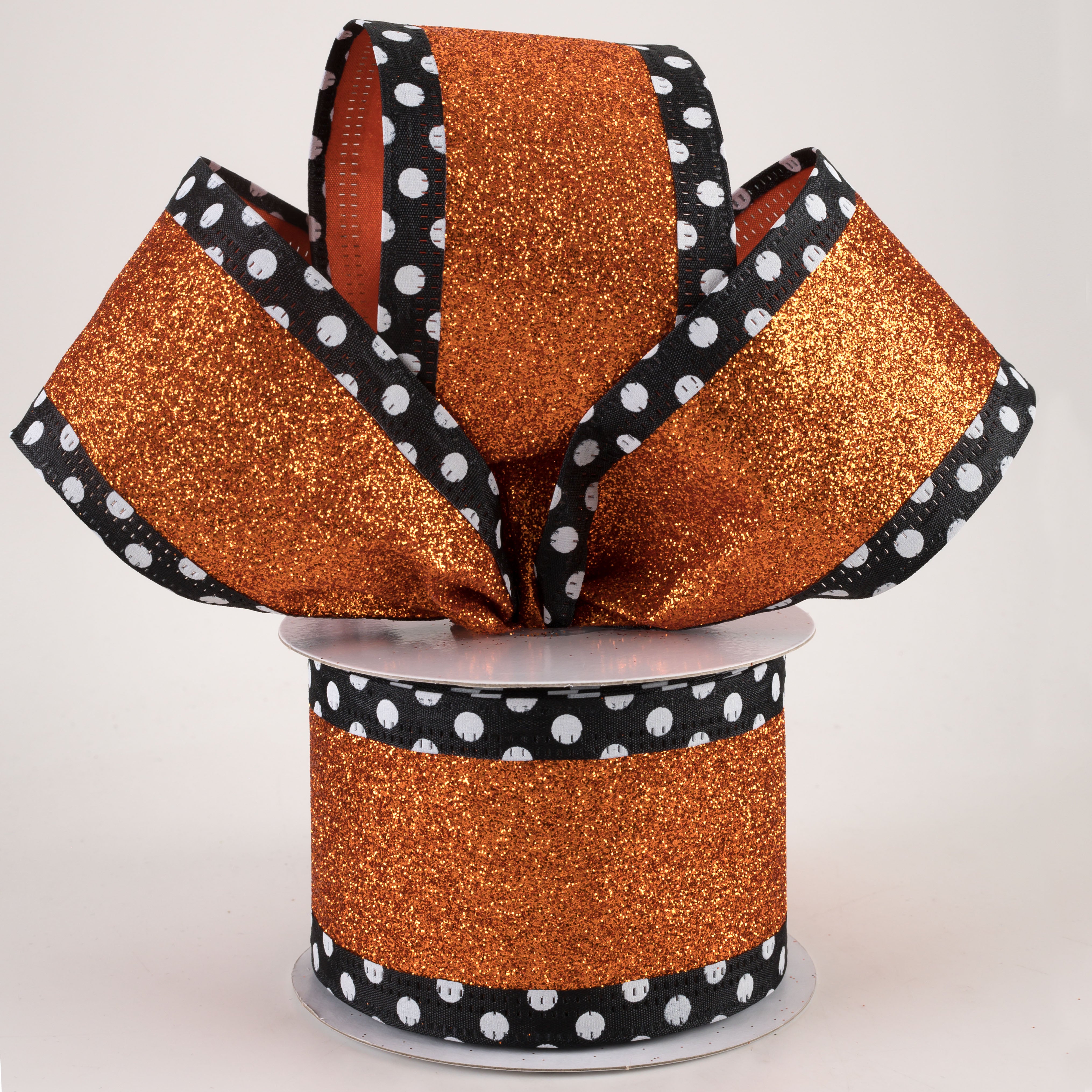 2.5" Black & White Polka Dot Edge Ribbon: Orange Glitter (10 Yards) Lifestyle Photo