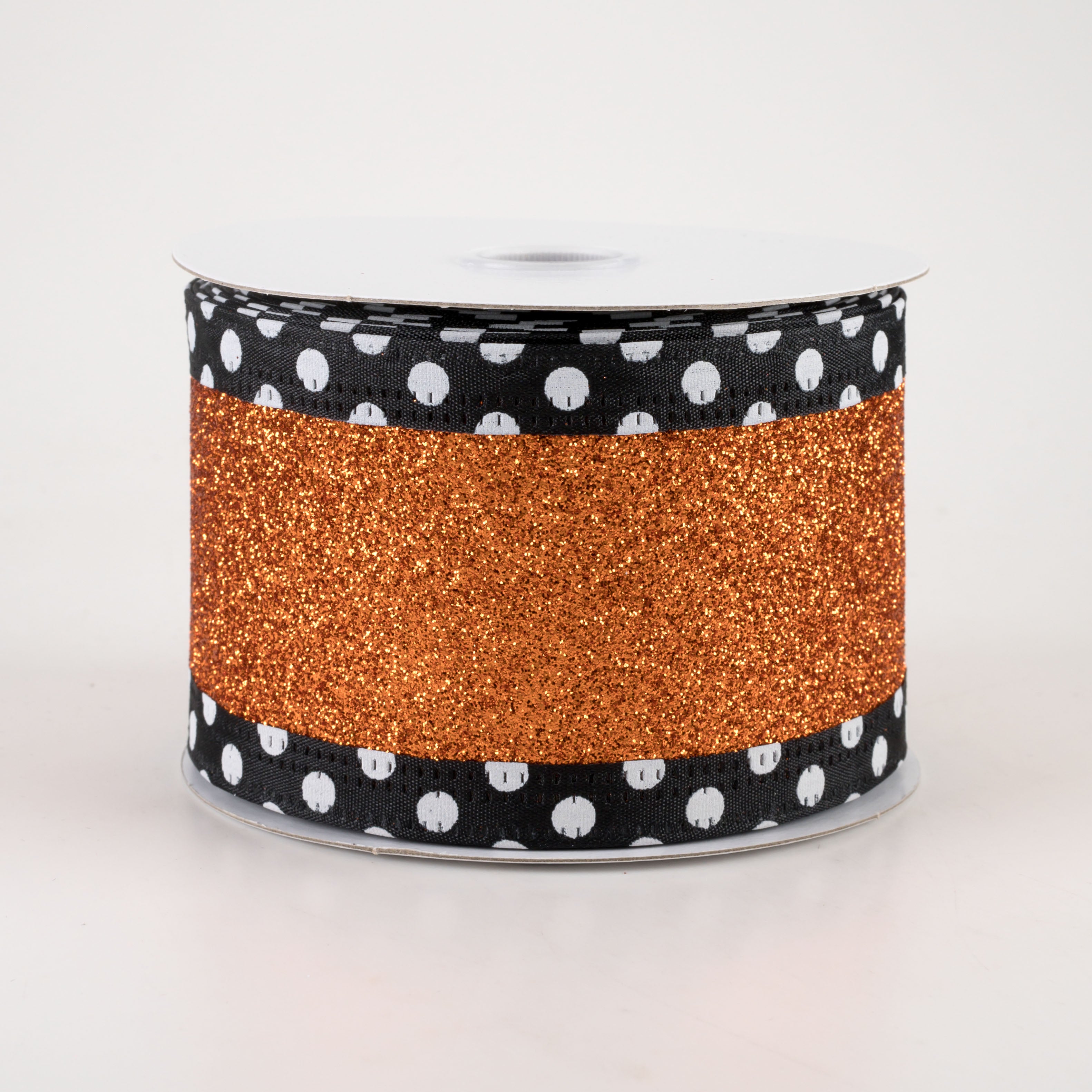 2.5" Black & White Polka Dot Edge Ribbon: Orange Glitter (10 Yards)