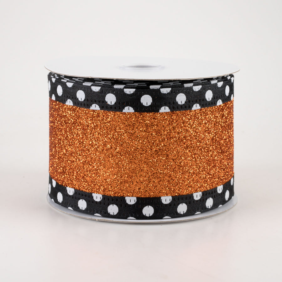 2.5" Black & White Polka Dot Edge Ribbon: Orange Glitter (10 Yards)