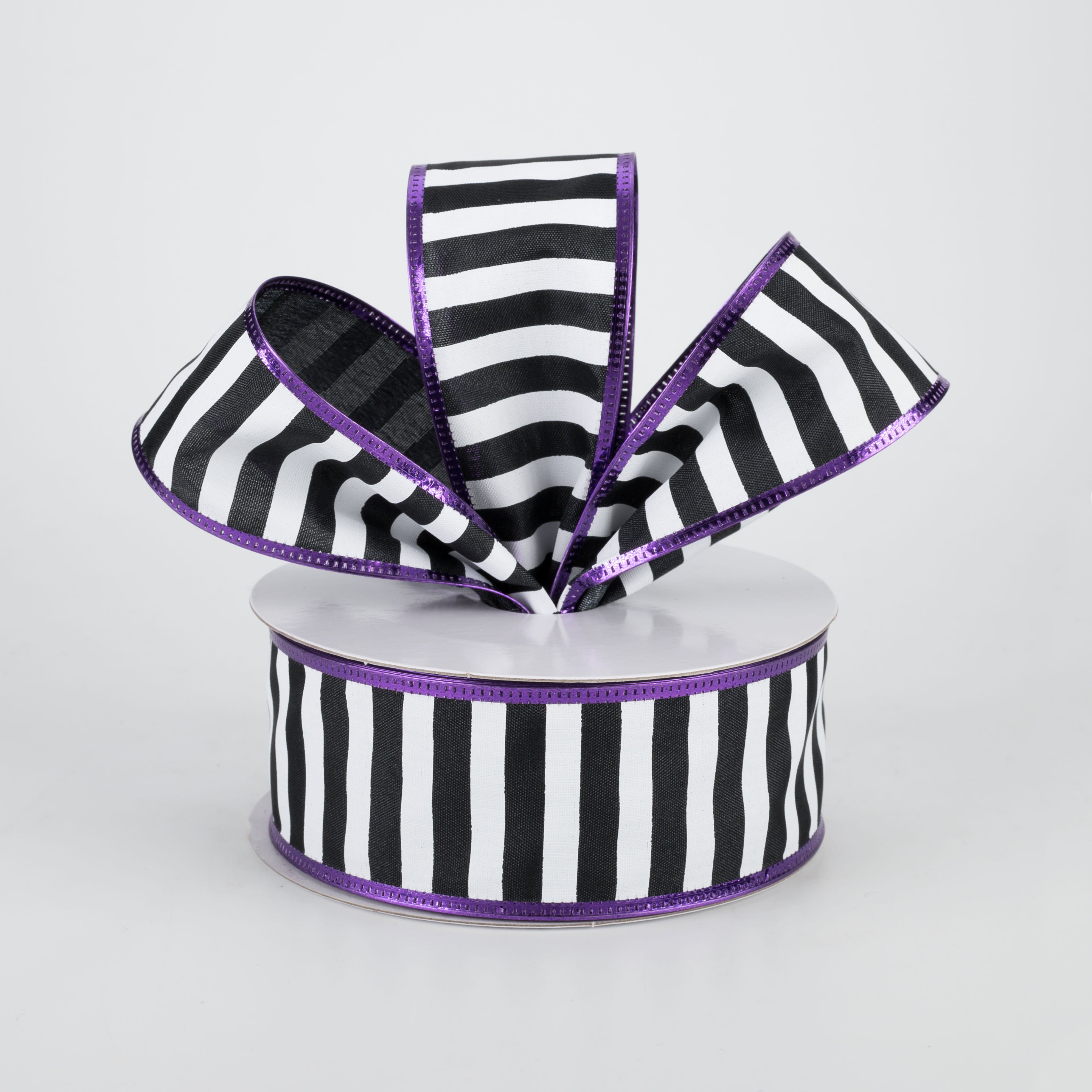1.5" Black & White Stripe Metallic Edge Ribbon: Purple (10 yards) Lifestyle Photo