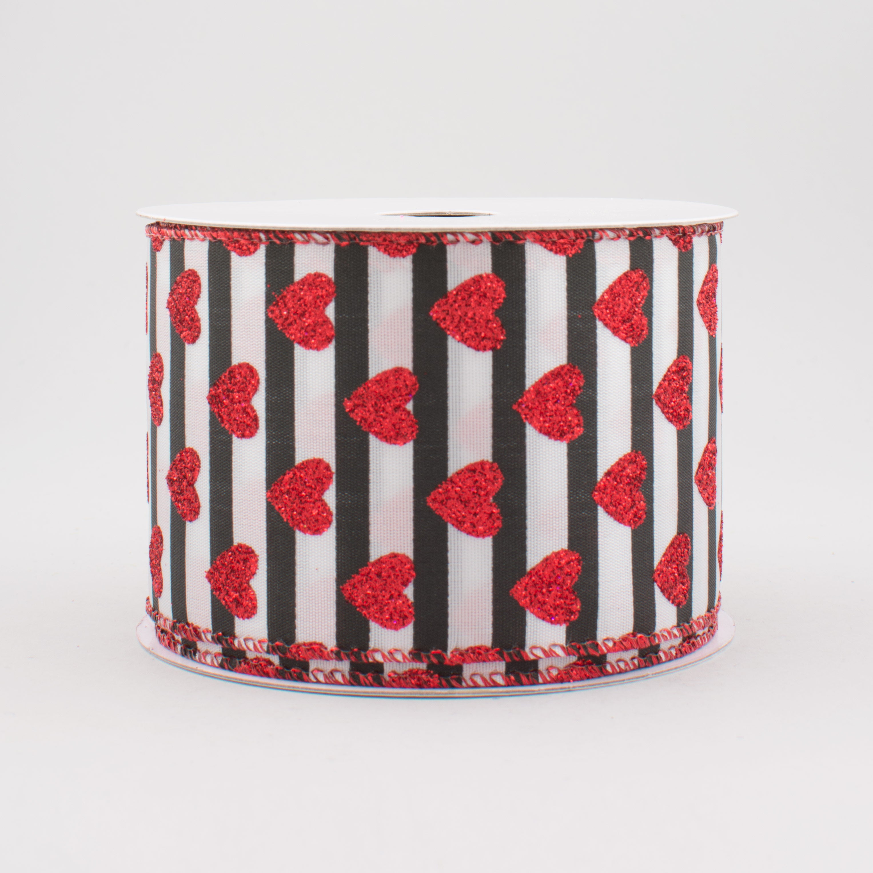 2.5" Black & White Stripe Red Glitter Heart Ribbon (10 Yards)