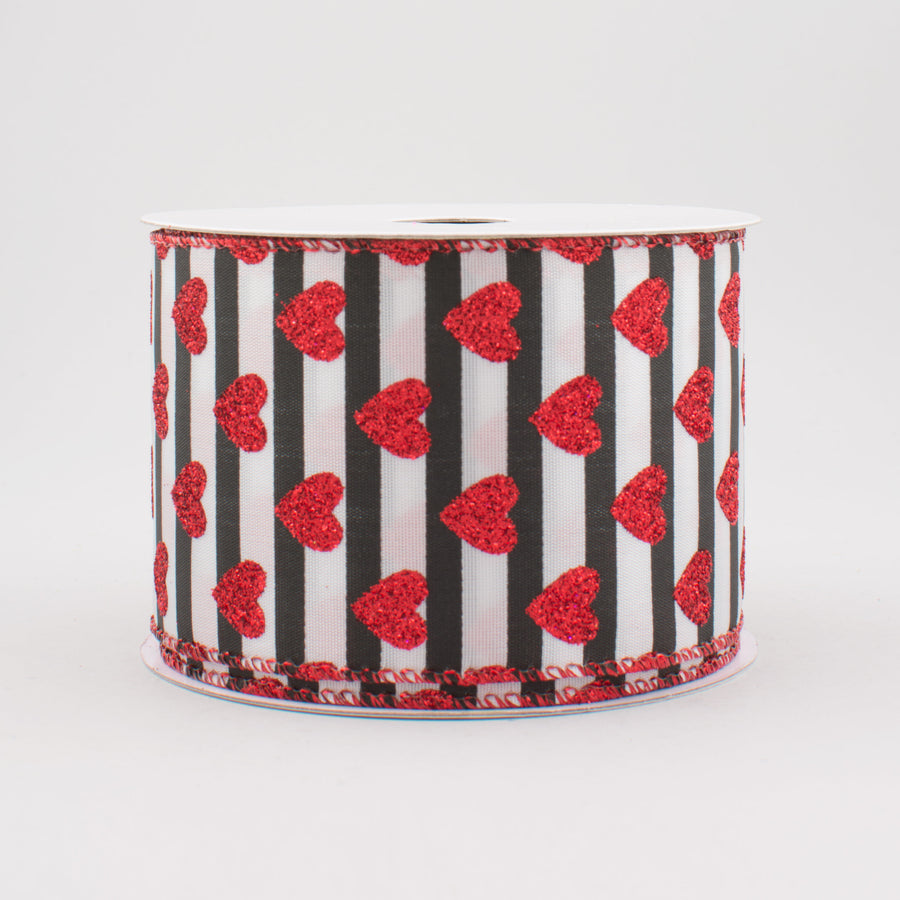 2.5" Black & White Stripe Red Glitter Heart Ribbon (10 Yards)