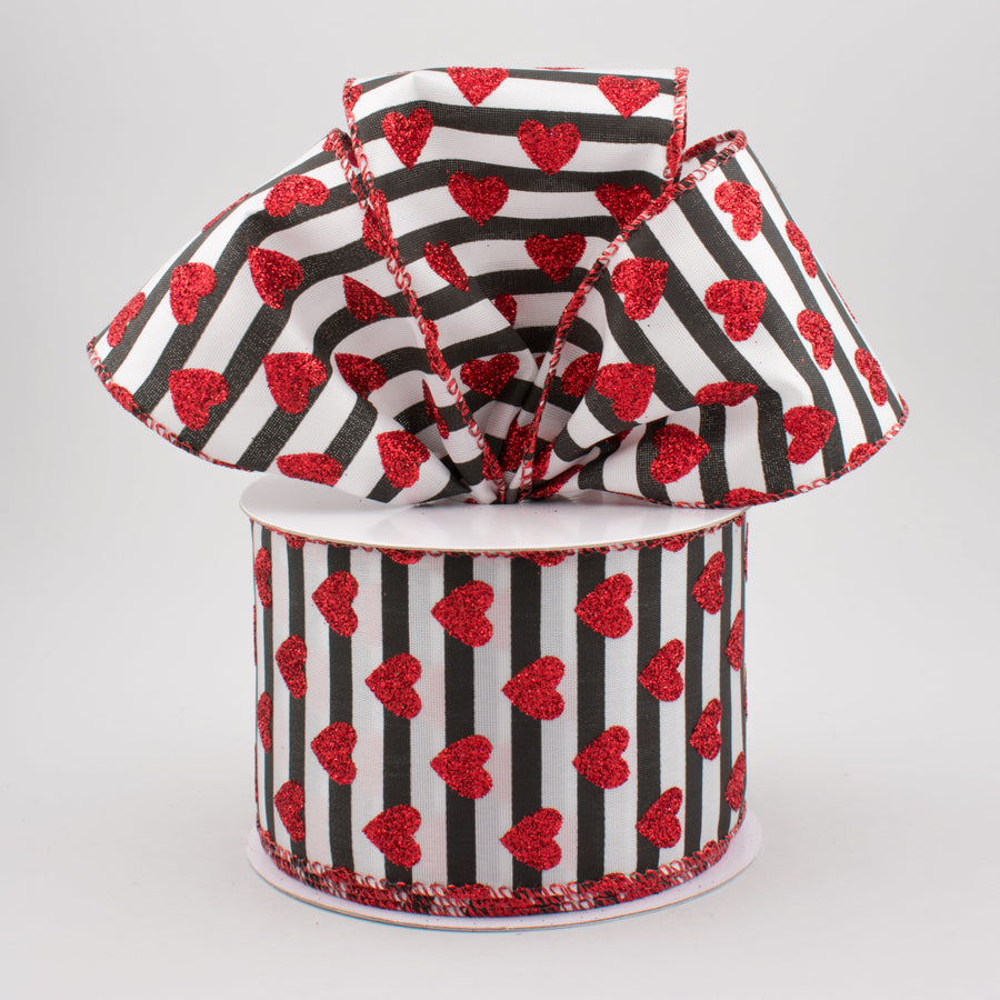 2.5" Black & White Stripe Red Glitter Heart Ribbon (10 Yards) Lifestyle Photo