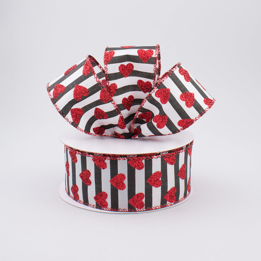 1.5" Black & White Stripe Red Glitter Heart Ribbon (10 Yards) Lifestyle Photo
