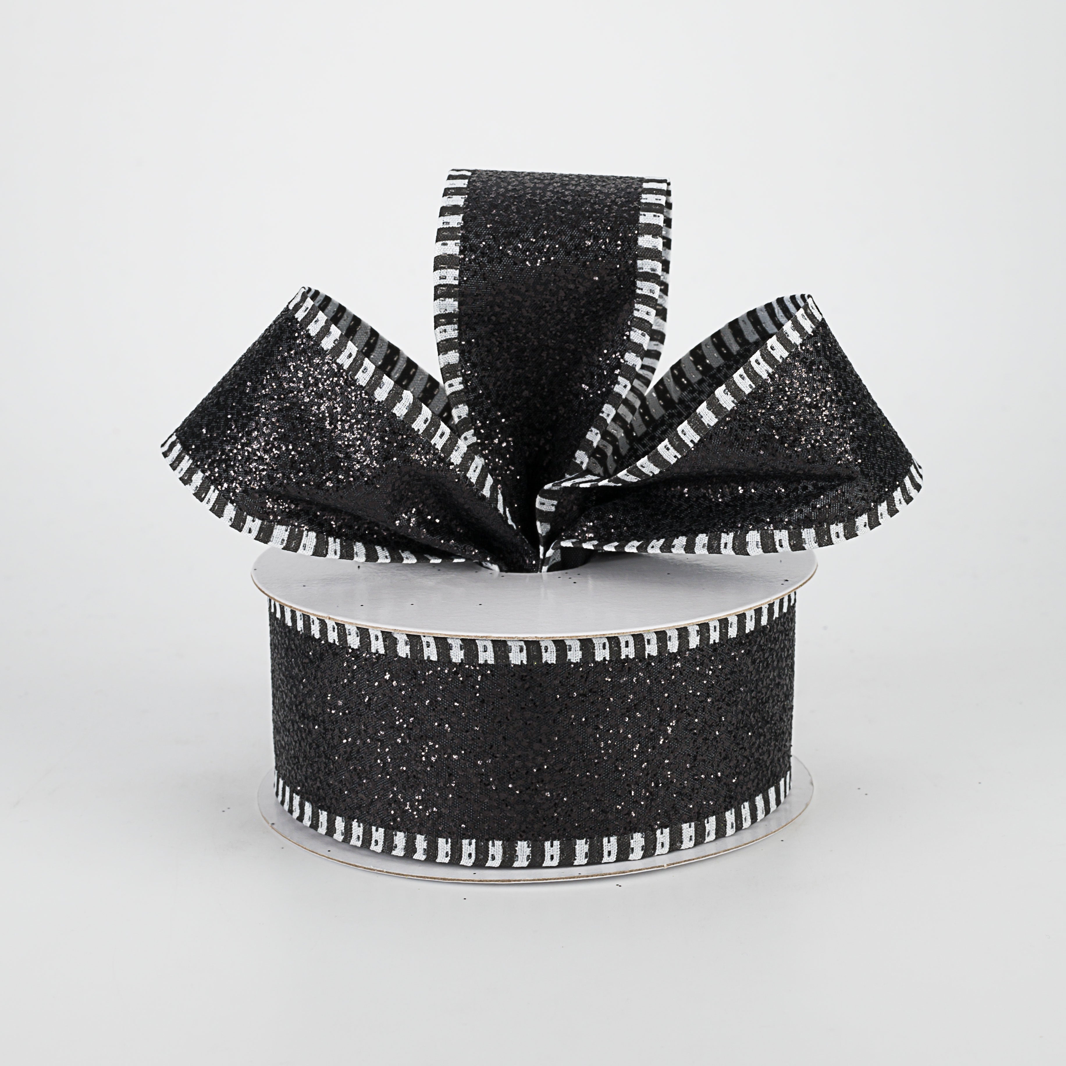 1.5" Black & White Striped Edge Glitter Ribbon: Black (10 Yards) Lifestyle Photo