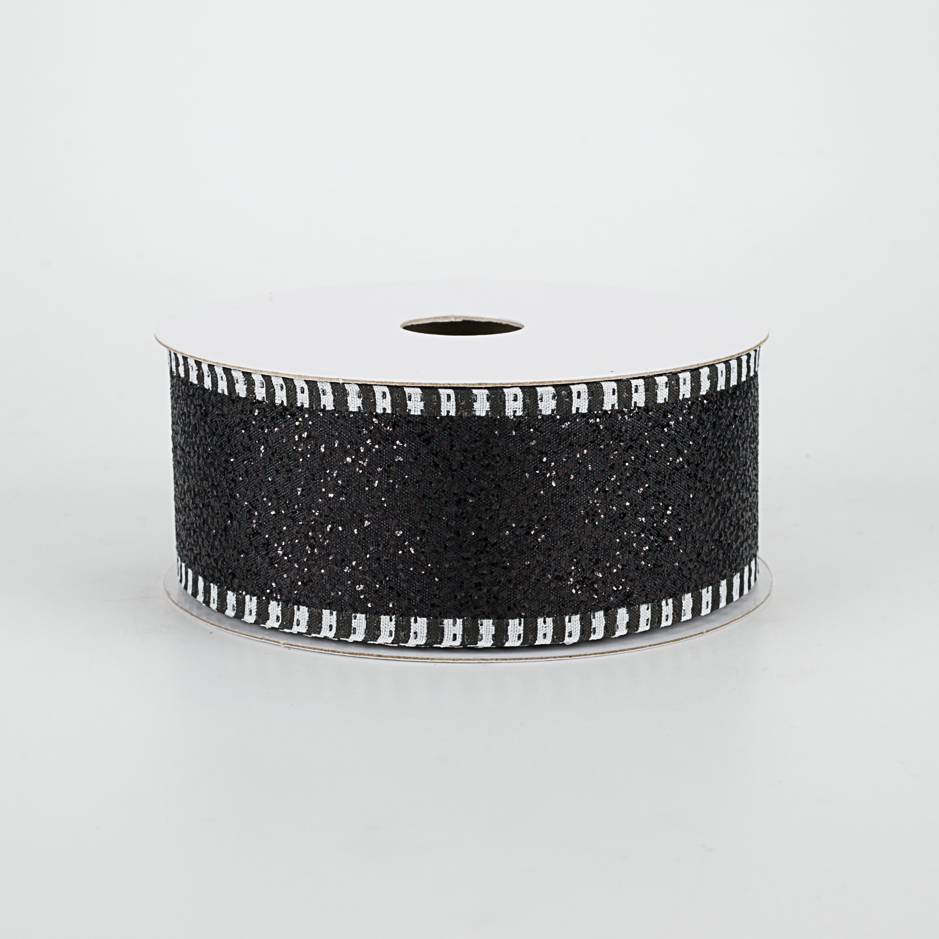 1.5" Black & White Striped Edge Glitter Ribbon: Black (10 Yards)