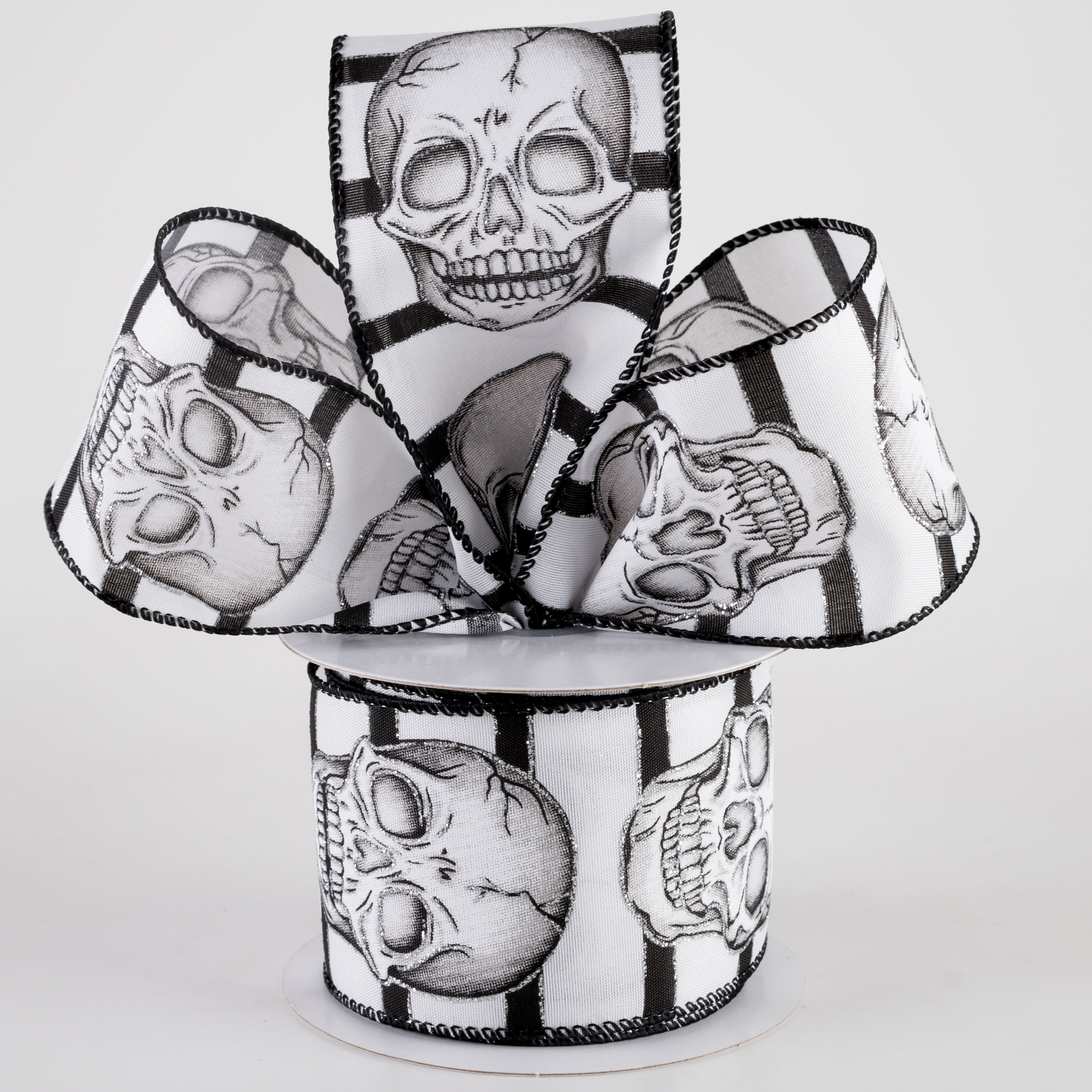 2.5" Black & White Stripes Glittered Skull Ribbon (10 Yards) Lifestyle Photo