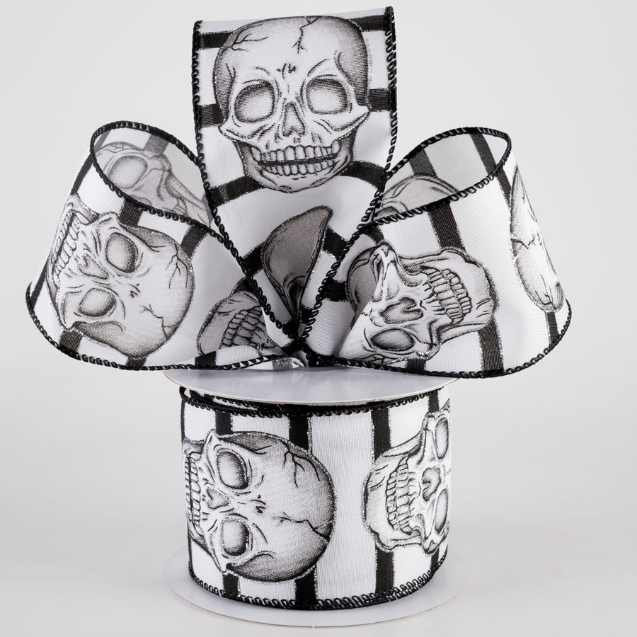 2.5" Black & White Stripes Glittered Skull Ribbon (10 Yards) Lifestyle Photo