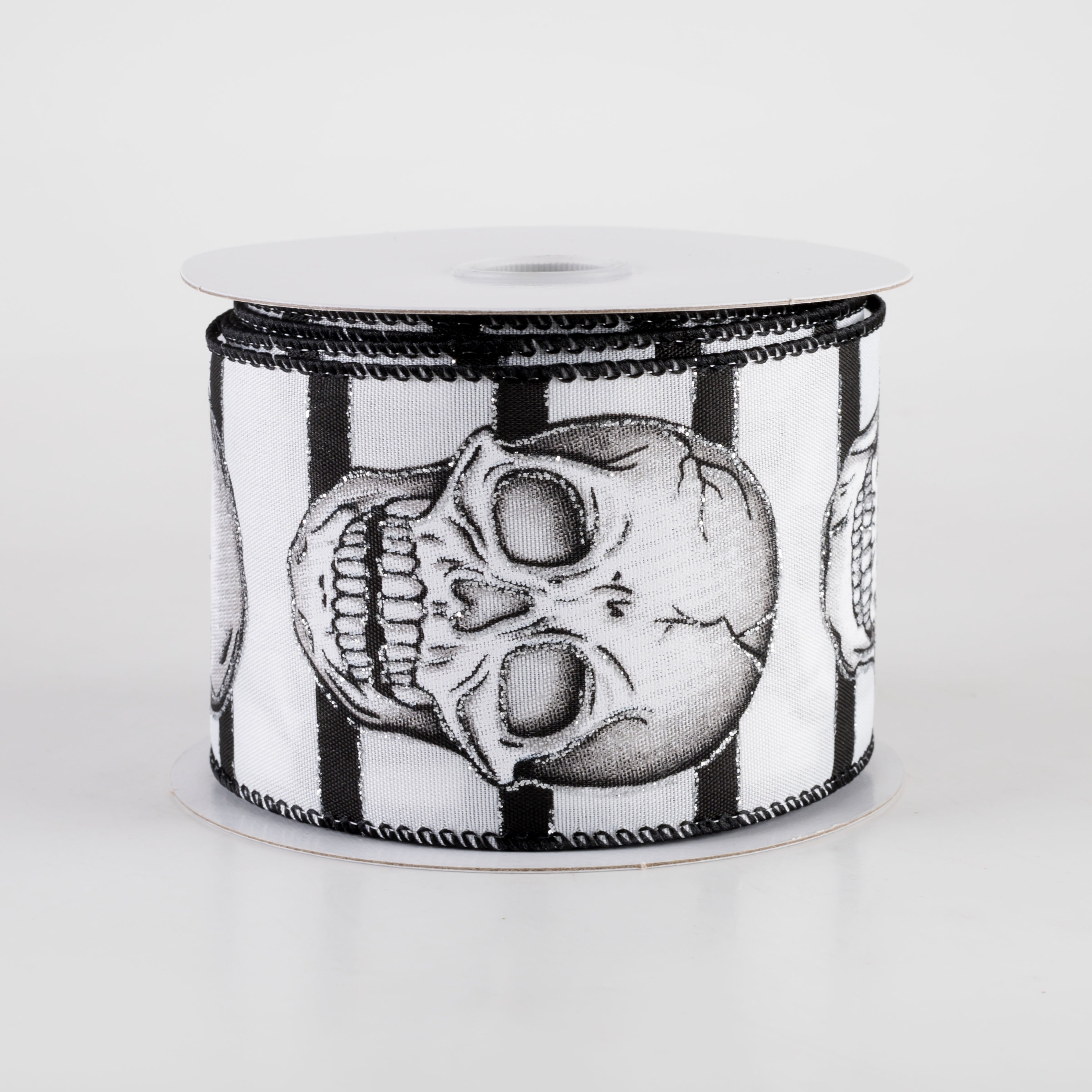 2.5" Black & White Stripes Glittered Skull Ribbon (10 Yards) Item Number: 51409-40-01