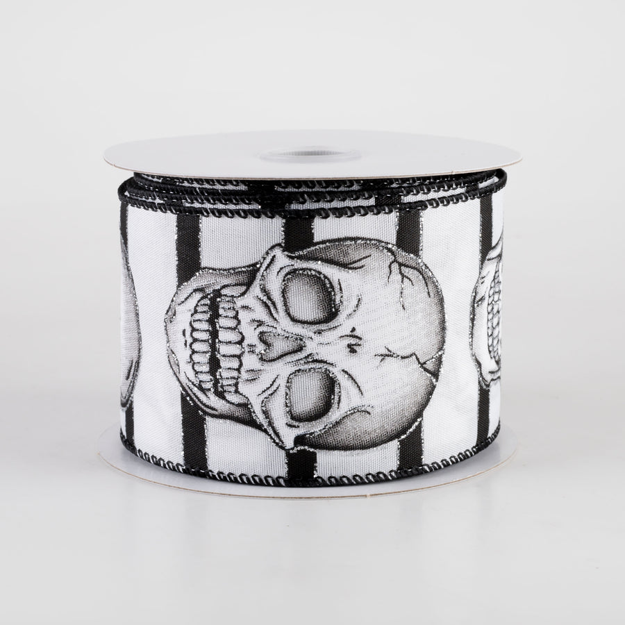2.5" Black & White Stripes Glittered Skull Ribbon (10 Yards) Item Number: 51409-40-01