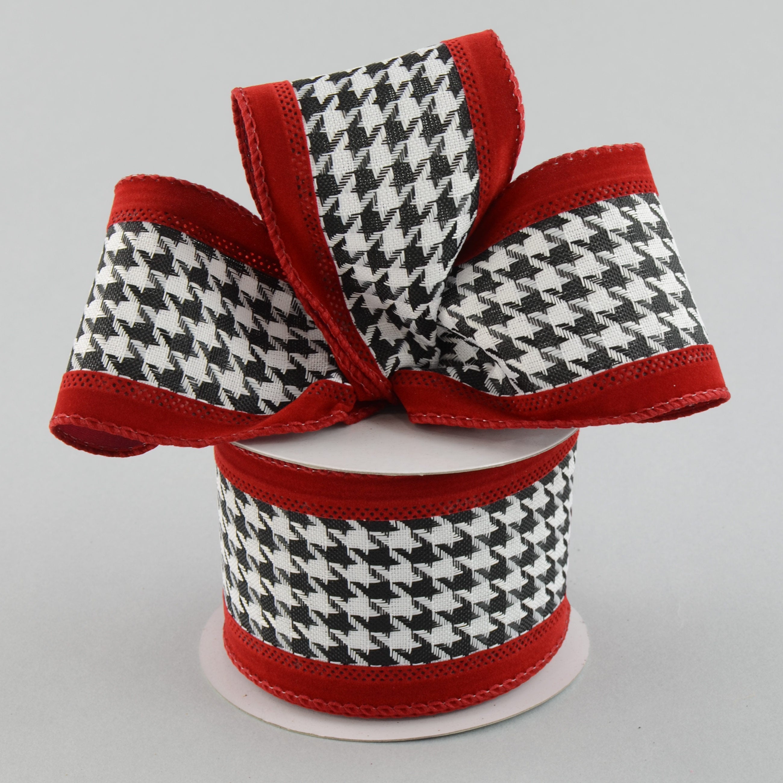2.5" Black/White Houndstooth & Crimson Ribbon (10 Yards) Lifestyle Photo