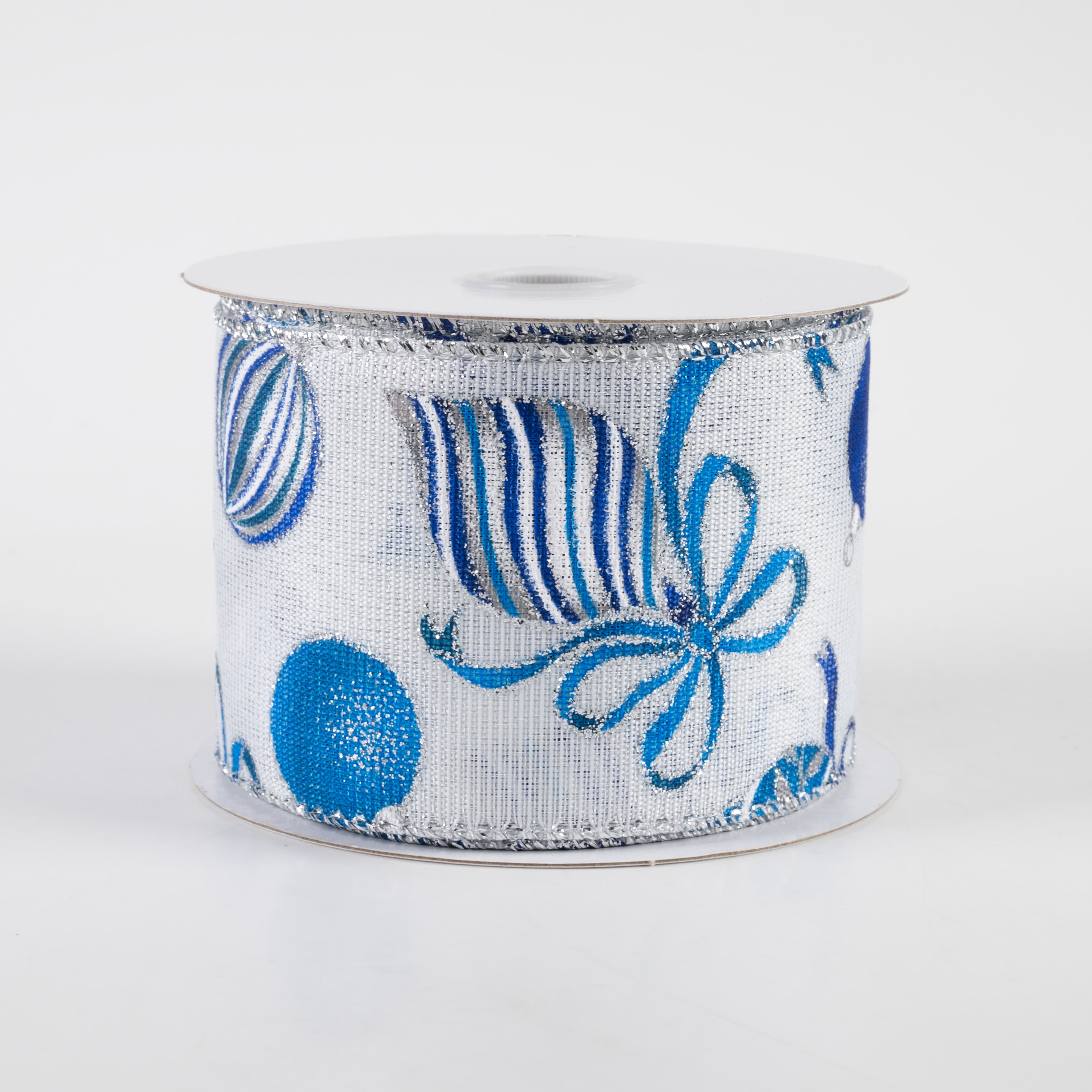 2.5" Blue & Silver Ornaments on White Ribbon (10 yards) Item Number: 72223-40-25