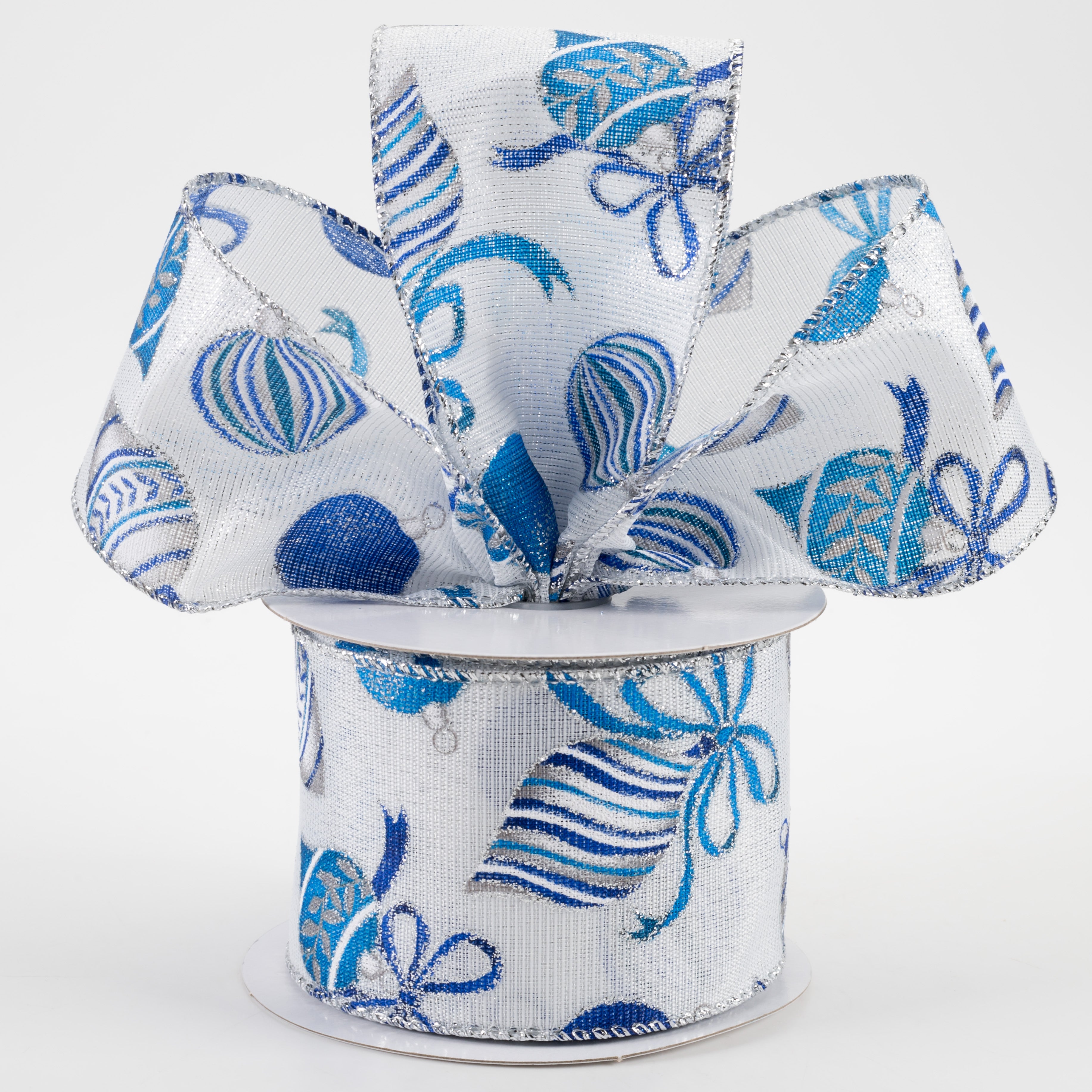2.5" Blue & Silver Ornaments on White Ribbon (10 yards) Lifestyle Photo