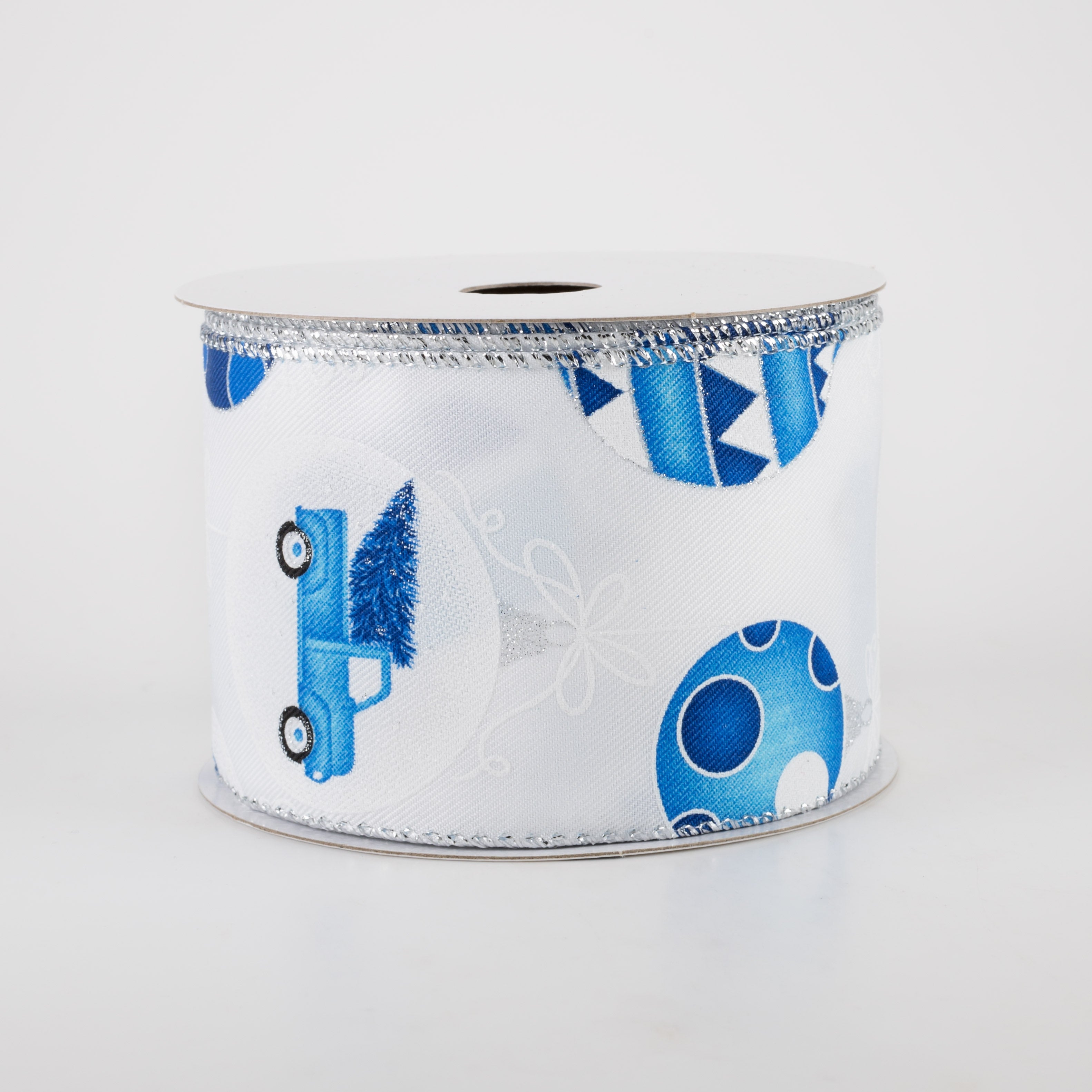 2.5" Blue Truck and Patterned Ornaments Ribbon (10 Yards) Item Number: 71129-40-25