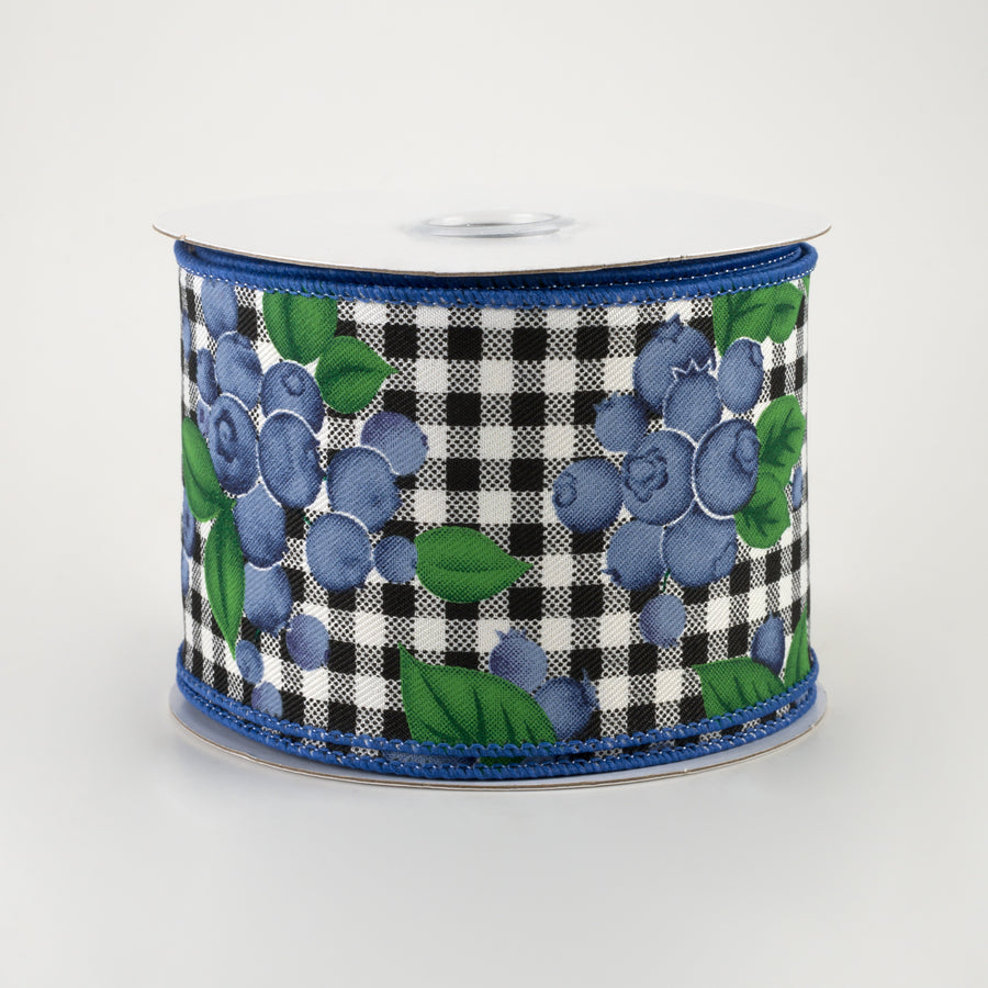 2.5" Blueberries Check Ribbon: Ivory & Black (10 Yards)