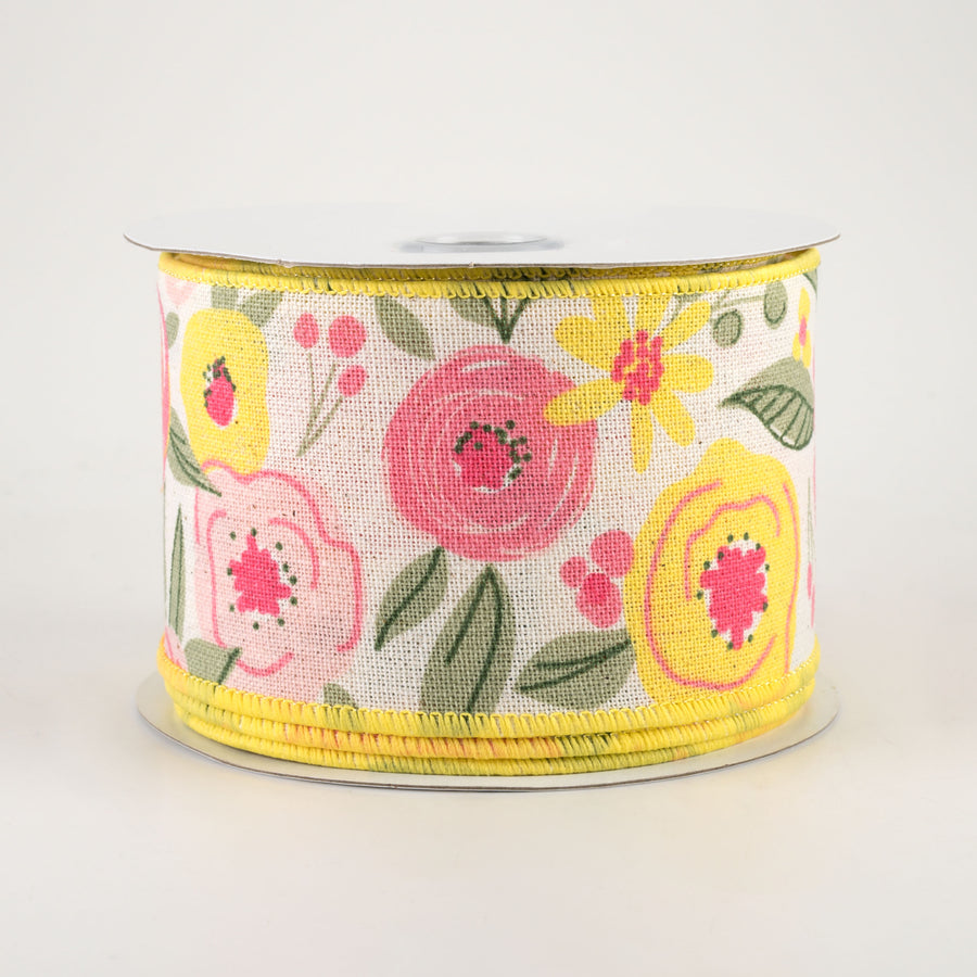 2.5" Bold Blooms Cotton Ribbon: Pink, Yellow, Sage (10 Yards)