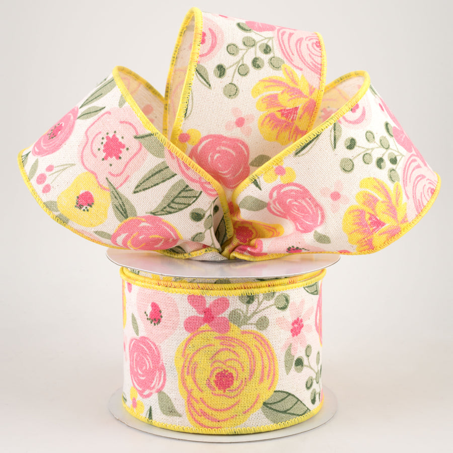 2.5" Bold Blooms Cotton Ribbon: Pink, Yellow, Sage (10 Yards) Lifestyle Photo