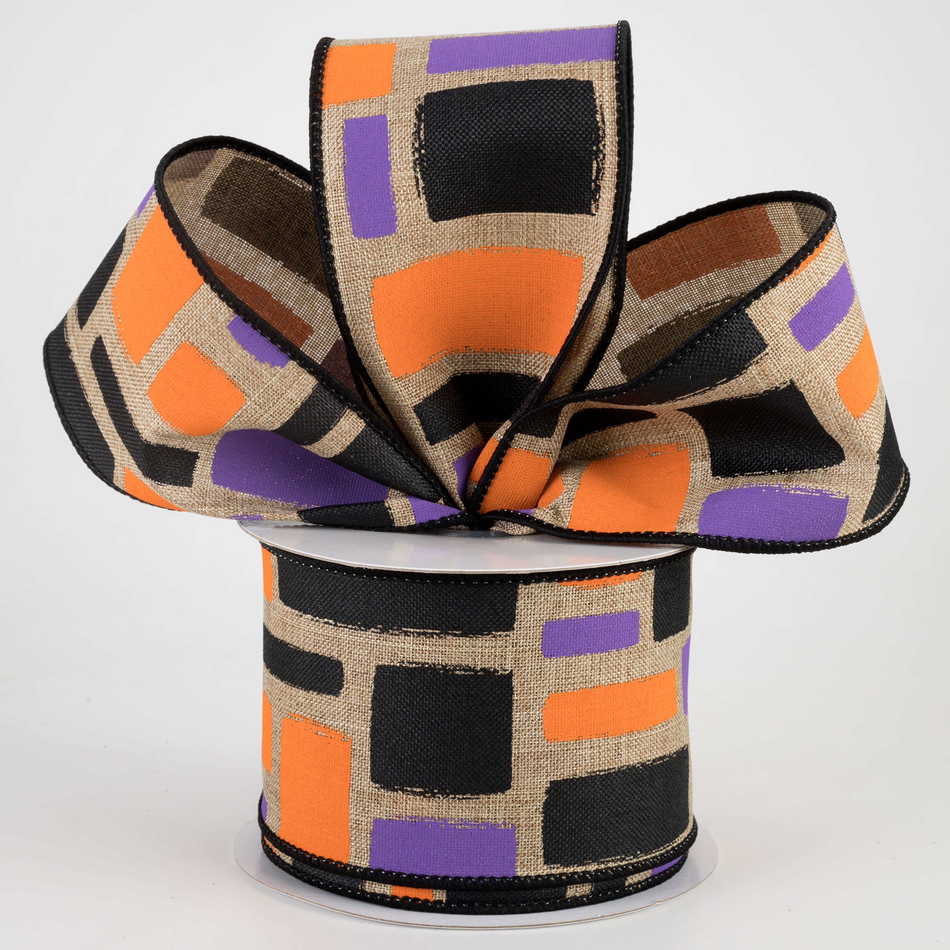 2.5" Bold Brush Strokes Ribbon: Beige, Black, Orange, Purple (10 Yards) Lifestyle Photo