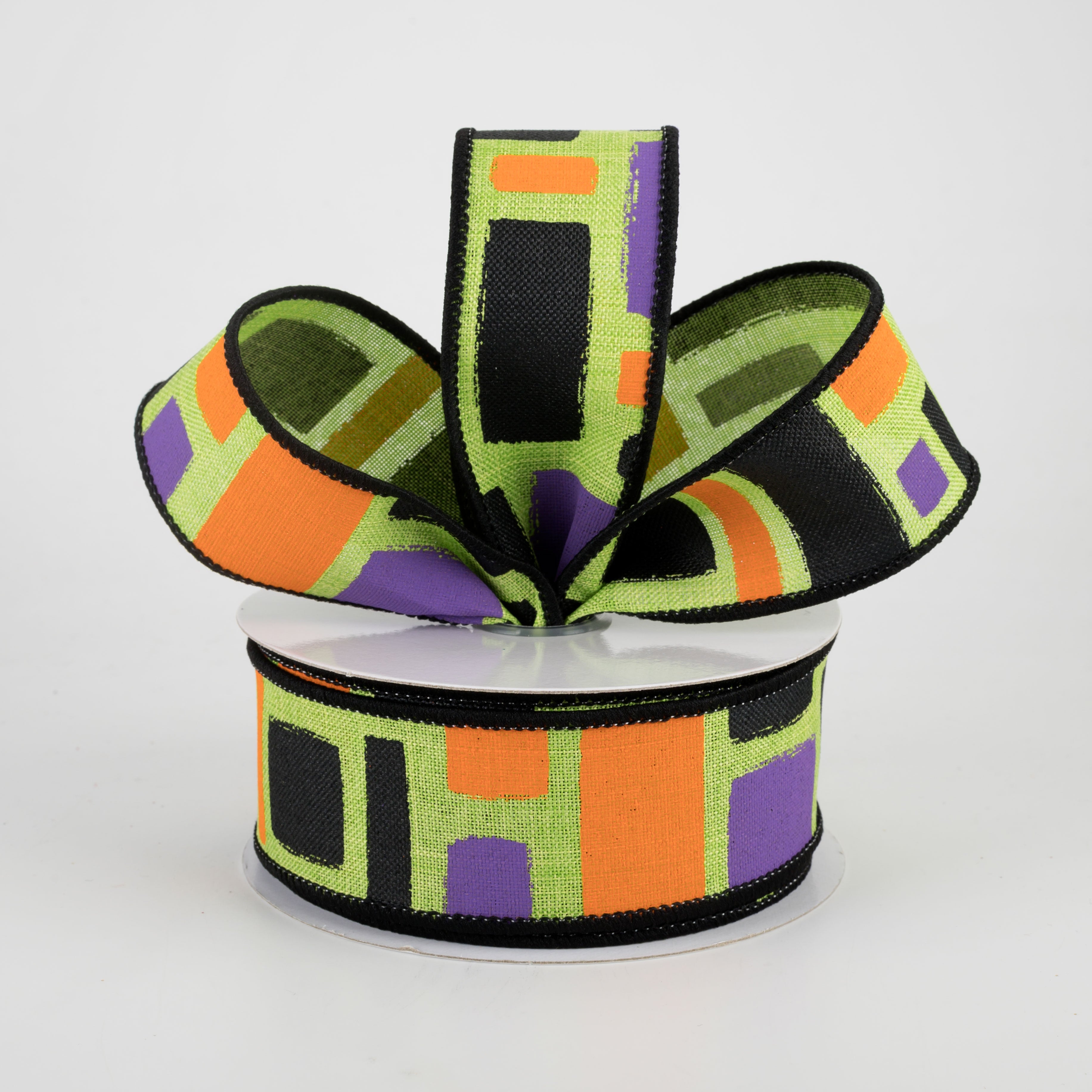 1.5" Bold Brush Strokes Ribbon: Lime, Black, Orange, Purple (10 Yards) Lifestyle Photo