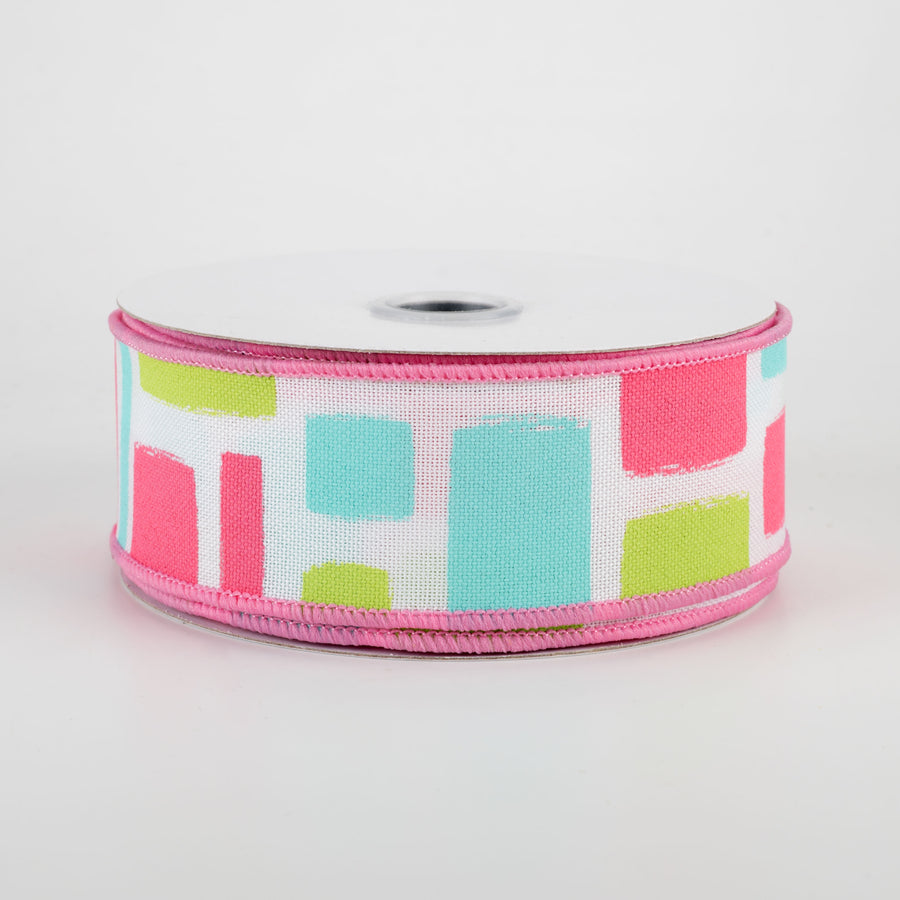 1.5" Bold Brush Strokes Ribbon: White, Pink, Teal, Light Green (10 Yards)