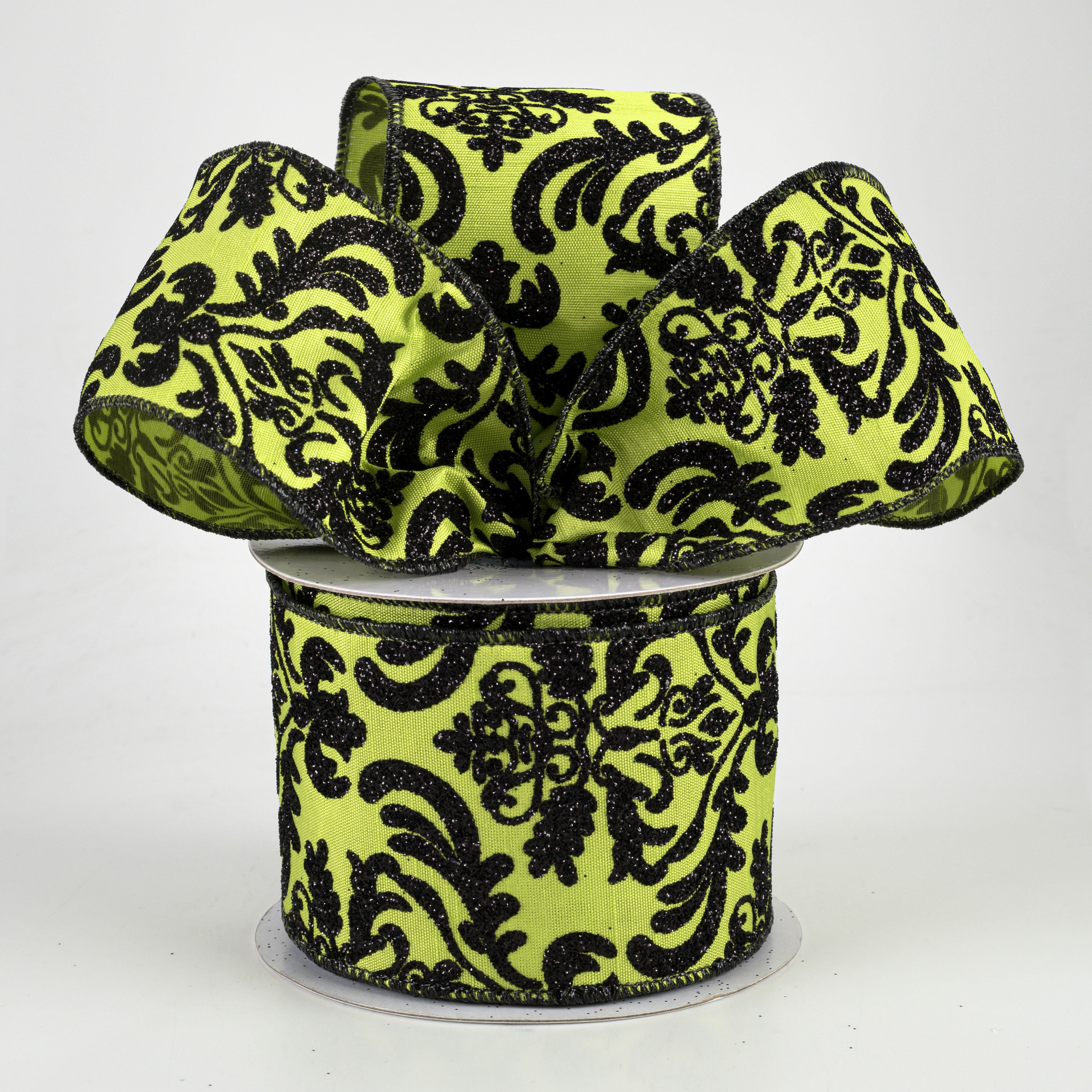 2.5" Bold Damask Dupioni Ribbon: Fresh Green & Black (10 Yards) Lifestyle Photo