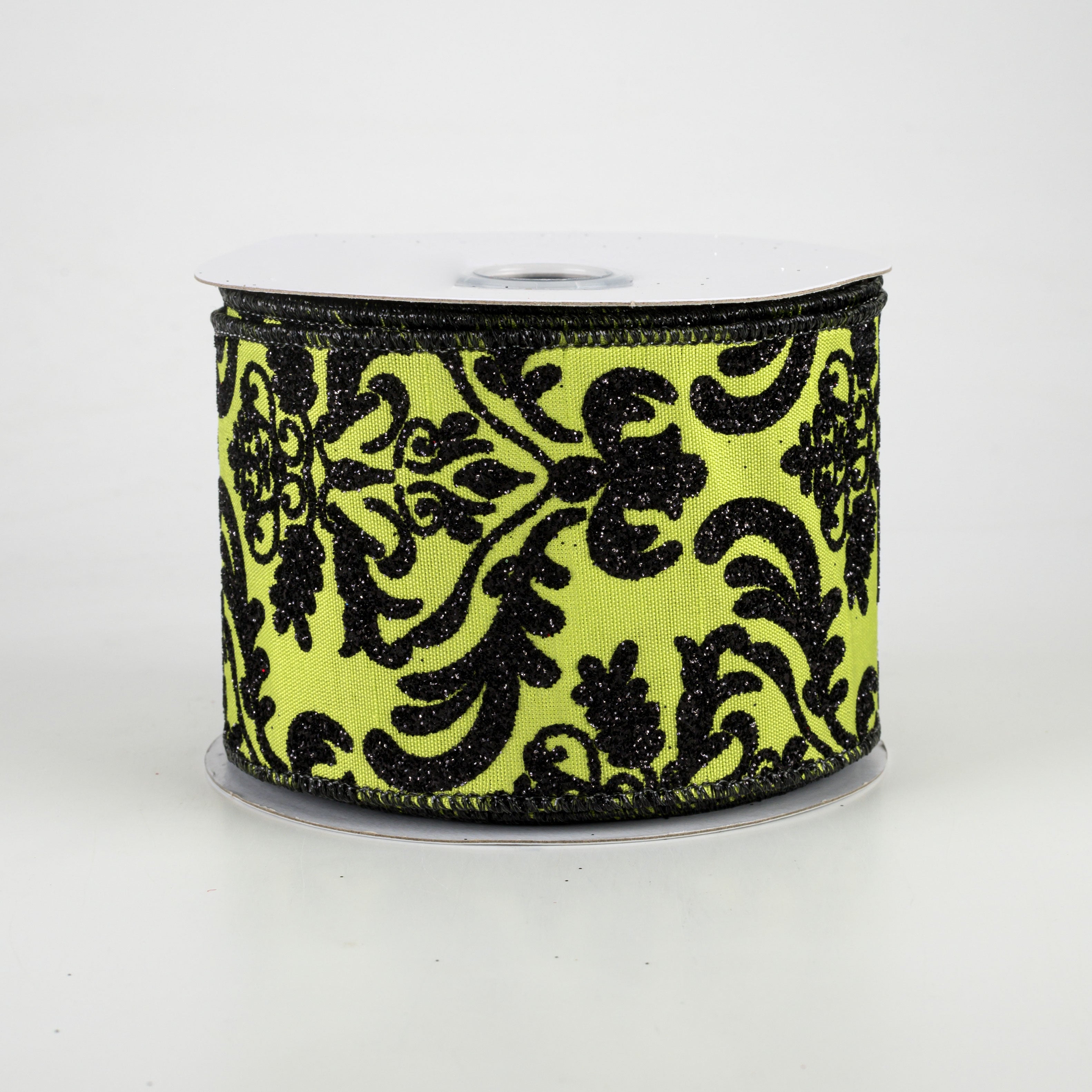 2.5" Bold Damask Dupioni Ribbon: Fresh Green & Black (10 Yards)