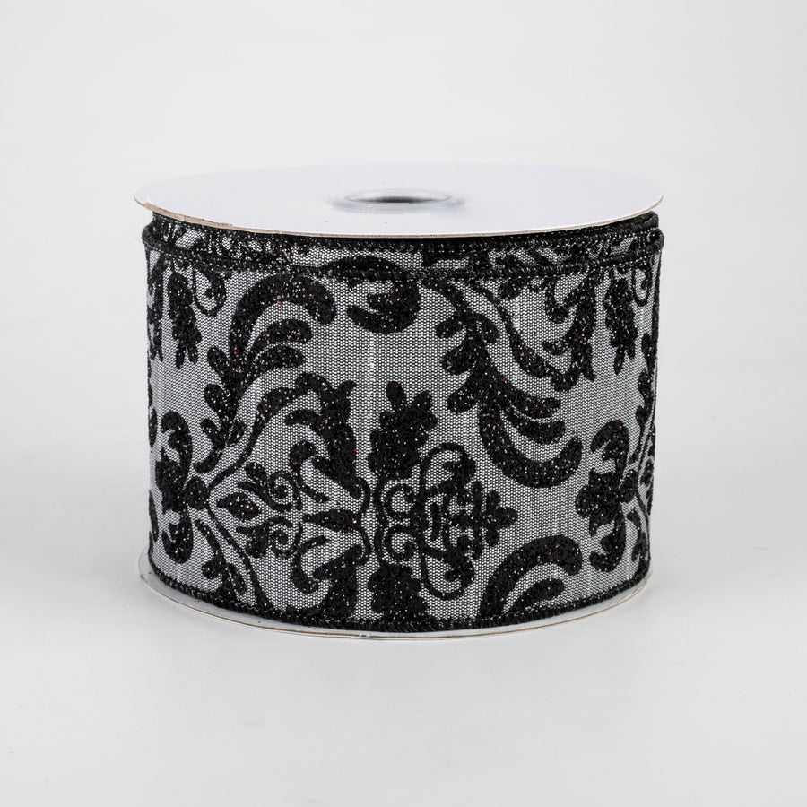 2.5" Bold Damask Dupioni Ribbon: Grey & Black (10 Yards)