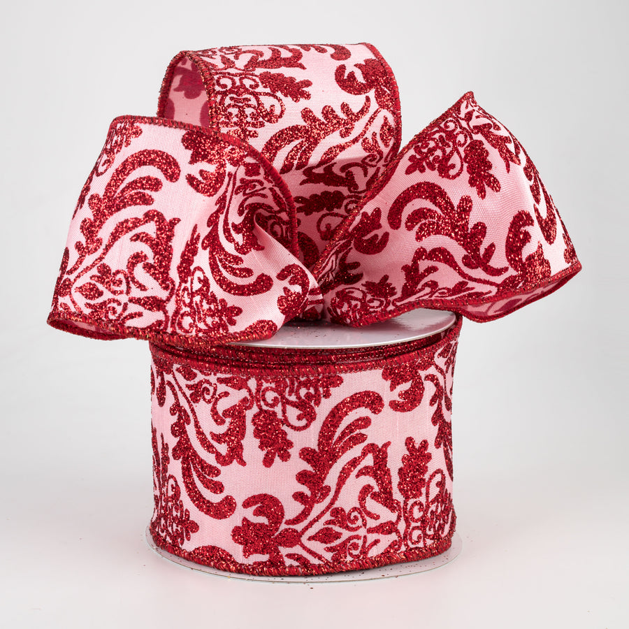 2.5" Bold Damask Dupioni Ribbon: Soft Pink & Red (10 Yards) Lifestyle Photo