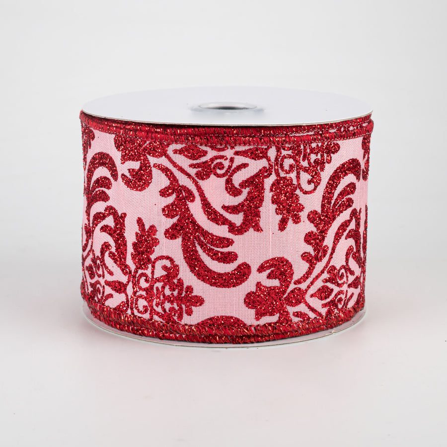 2.5" Bold Damask Dupioni Ribbon: Soft Pink & Red (10 Yards)