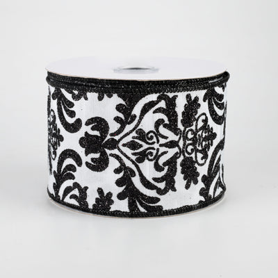 2.5" Bold Damask Dupioni Ribbon: White & Black (10 Yards)