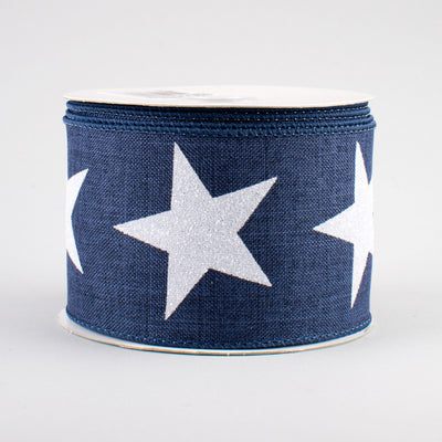 2.5" Bold Glitter Star Ribbon: Navy Blue & White (10 Yards)