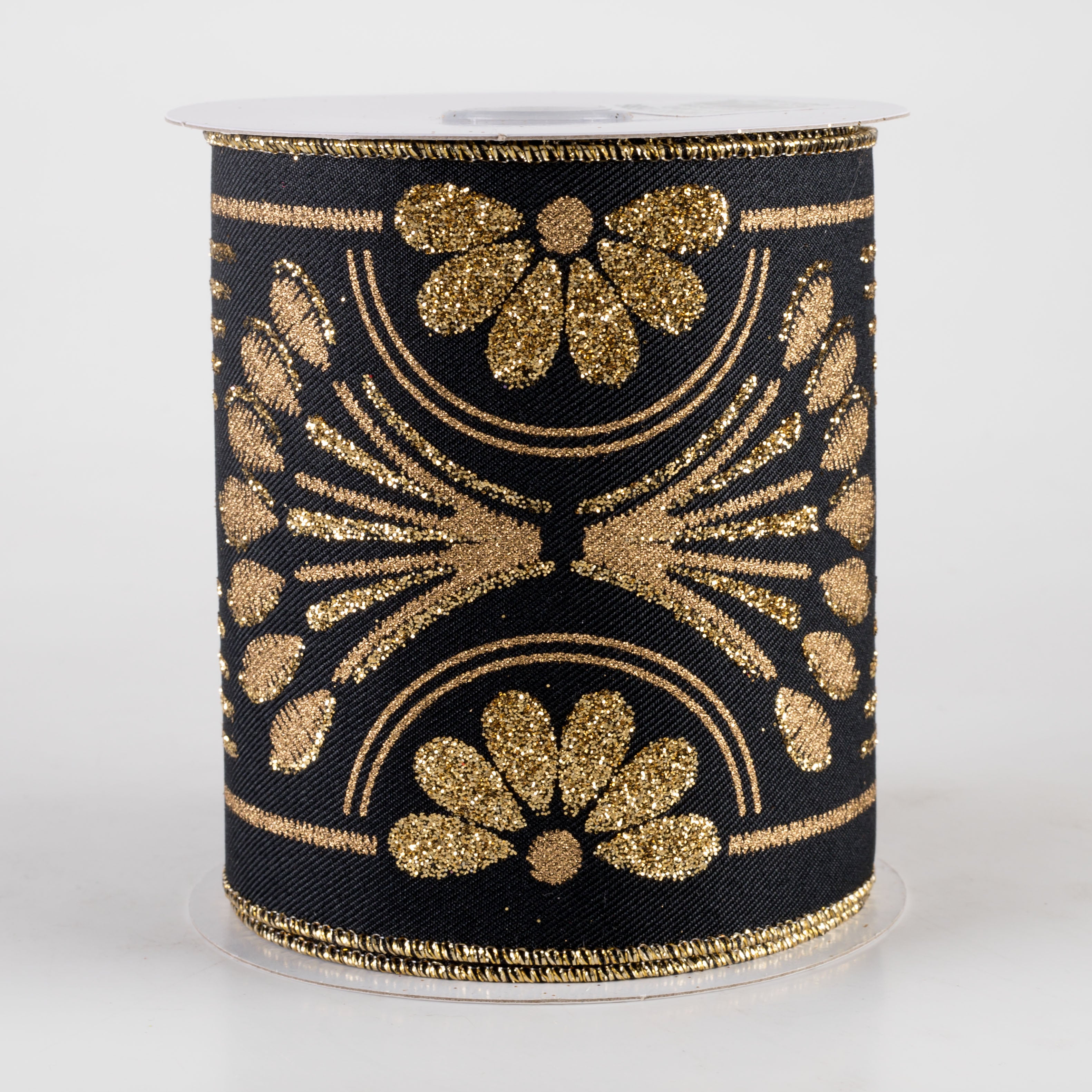 4" Bold Glittered Art Deco Ribbon: Black (10 Yards)