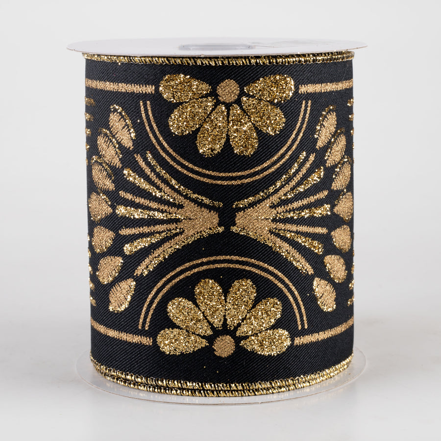 4" Bold Glittered Art Deco Ribbon: Black (10 Yards)