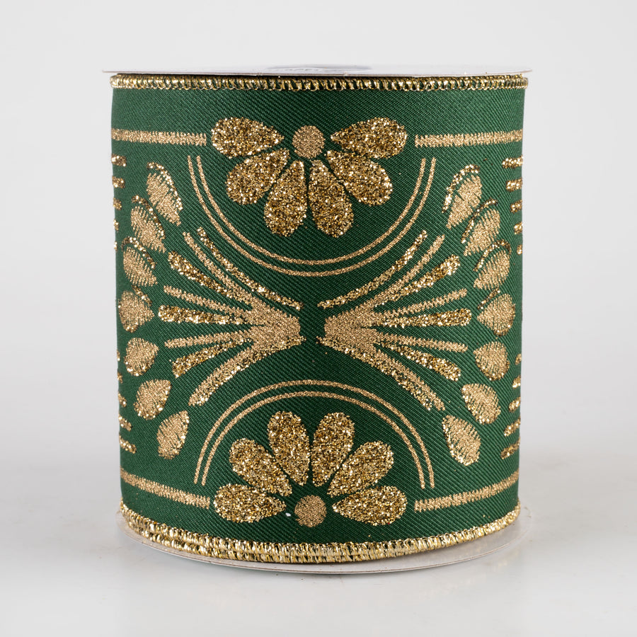 4" Bold Glittered Art Deco Ribbon: Hunter Green (10 Yards)