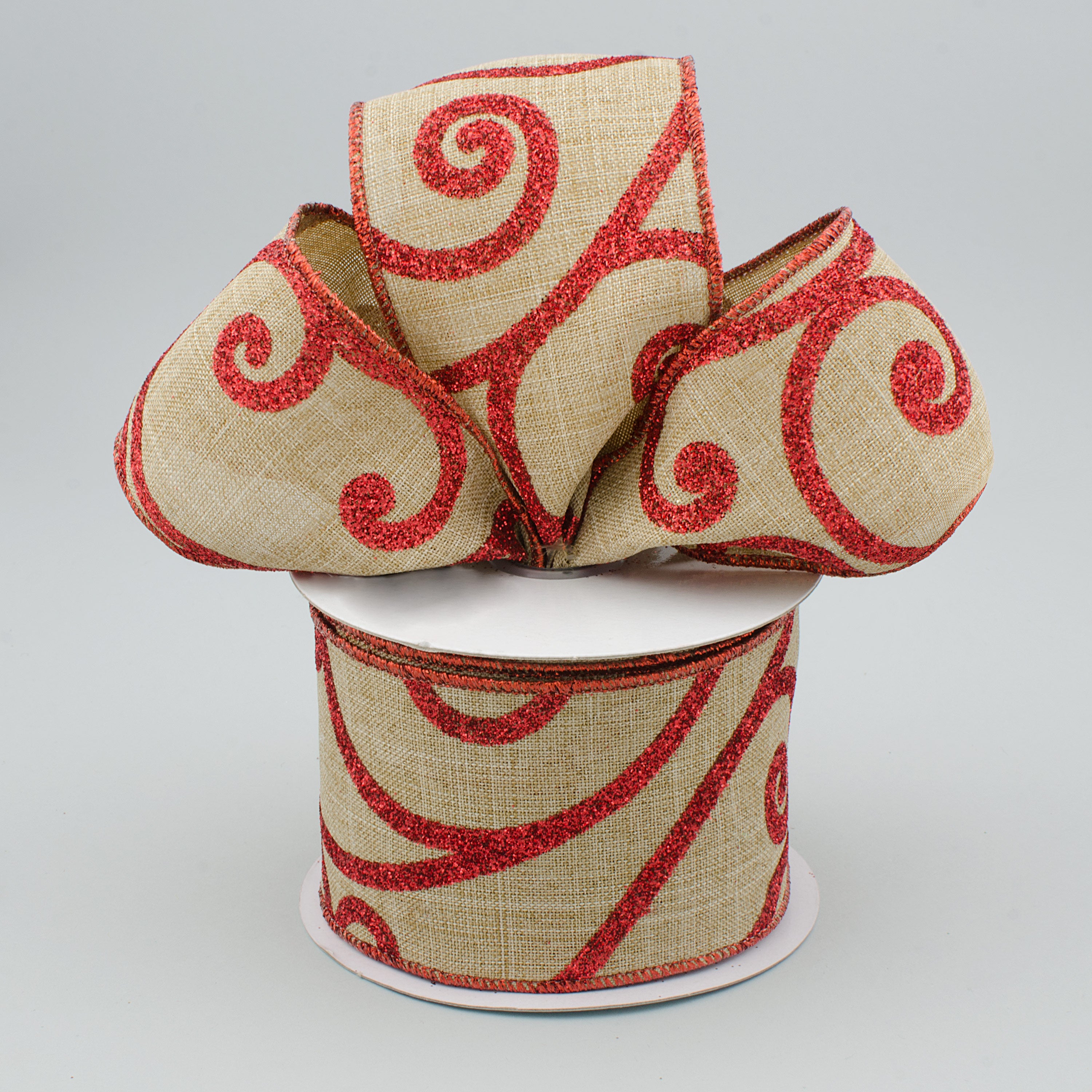 2.5" Bold Scroll Royal Canvas Ribbon: Natural & Red (10 Yards) Lifestyle Photo
