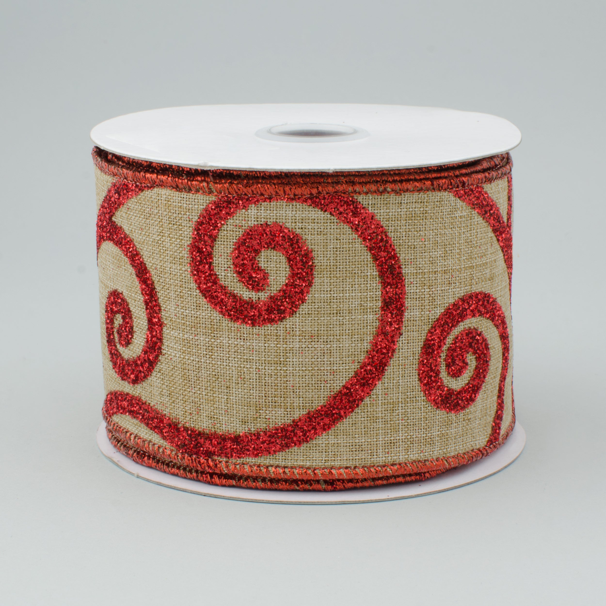 2.5" Bold Scroll Royal Canvas Ribbon: Natural & Red (10 Yards)