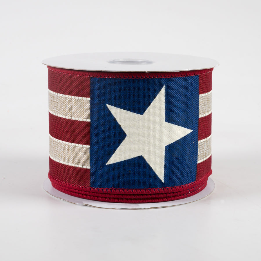 2.5" Bold Star Stripes Ribbon: Light Natural, Dark Red, Navy, Ivory (10 Yards)