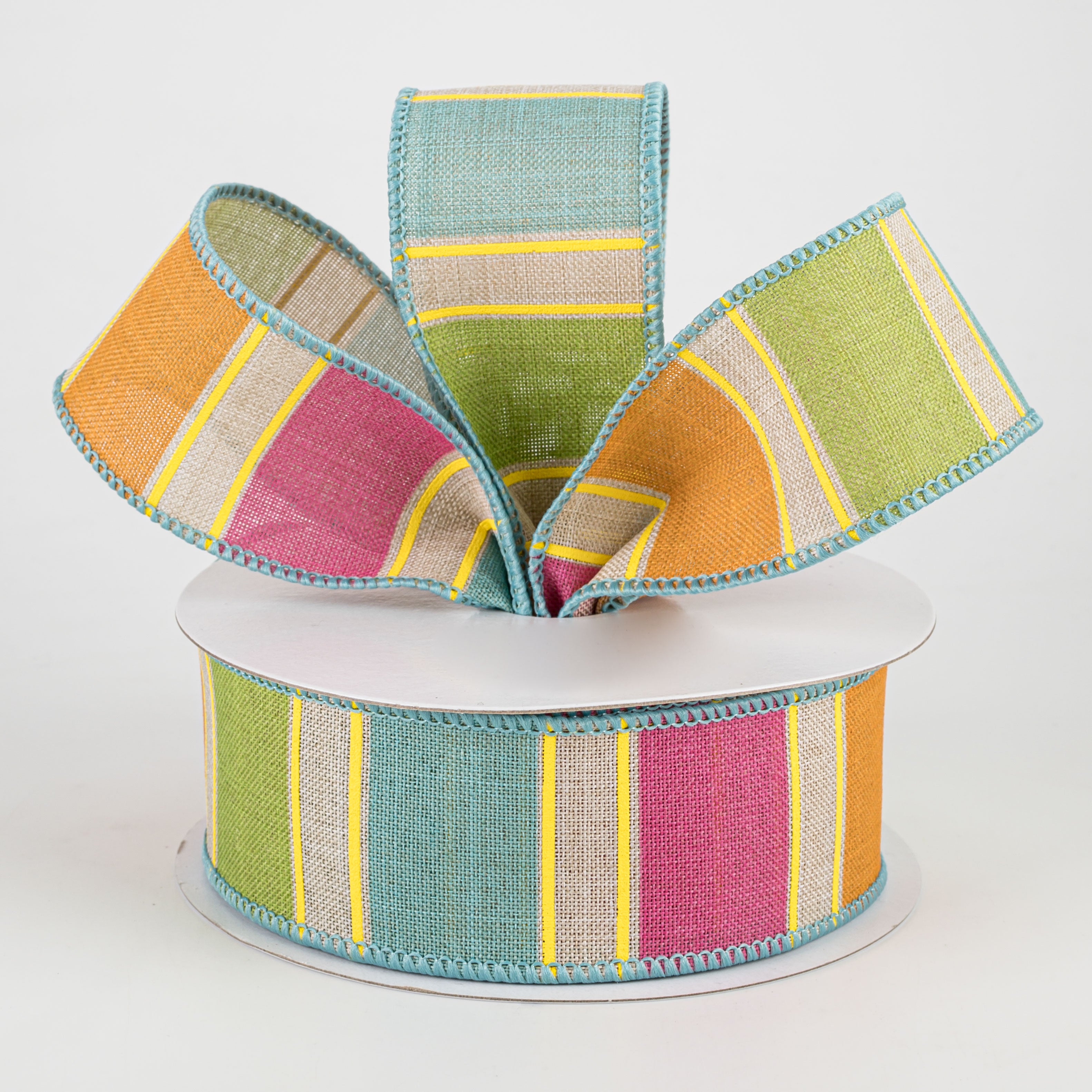 1.5" Bold Stripes Ribbon: Light Natural, Pink, Orange, Green, Yellow (10 Yards) Lifestyle Photo