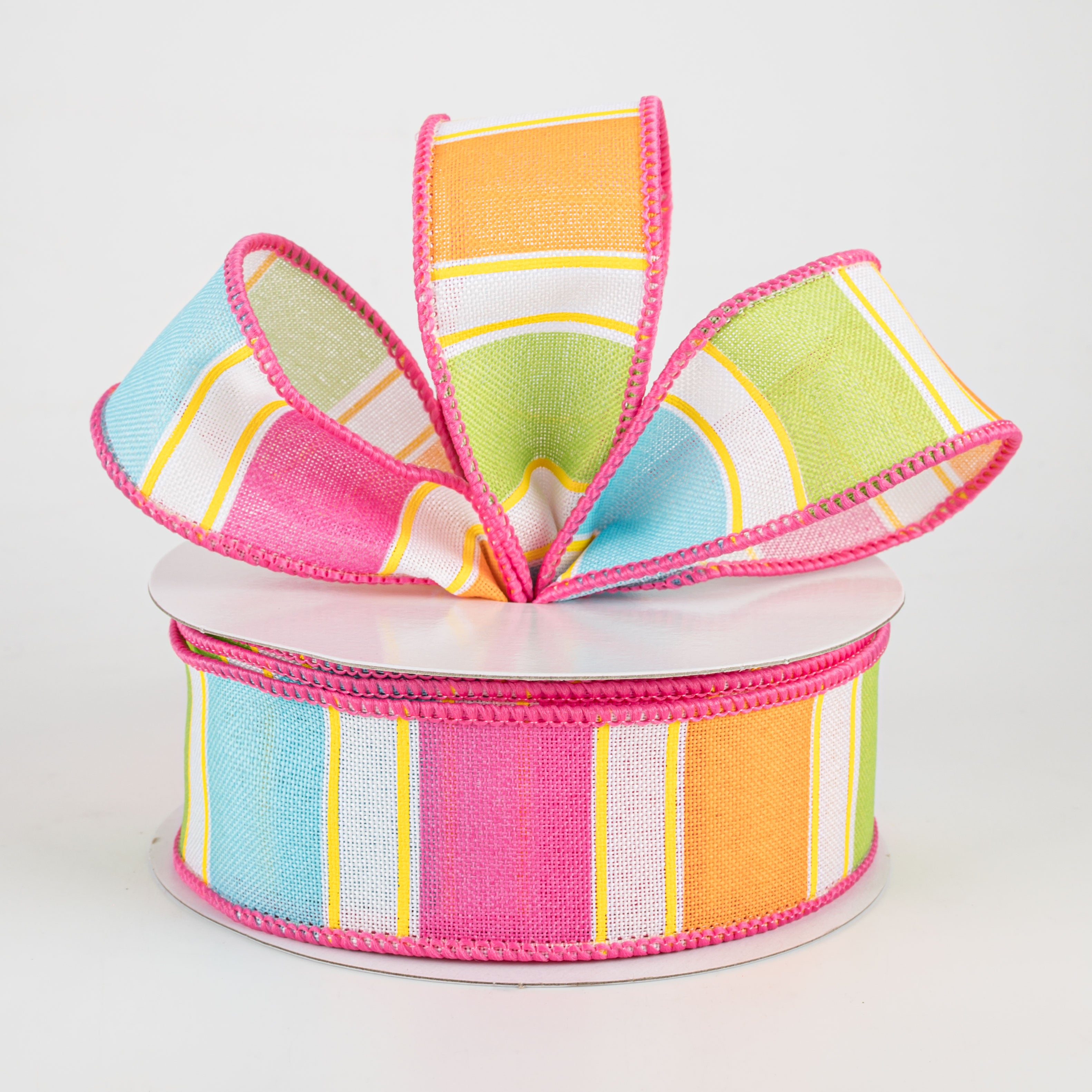 1.5" Bold Stripes Ribbon: White, Pink, Orange, Green, Yellow (10 Yards) Lifestyle Photo
