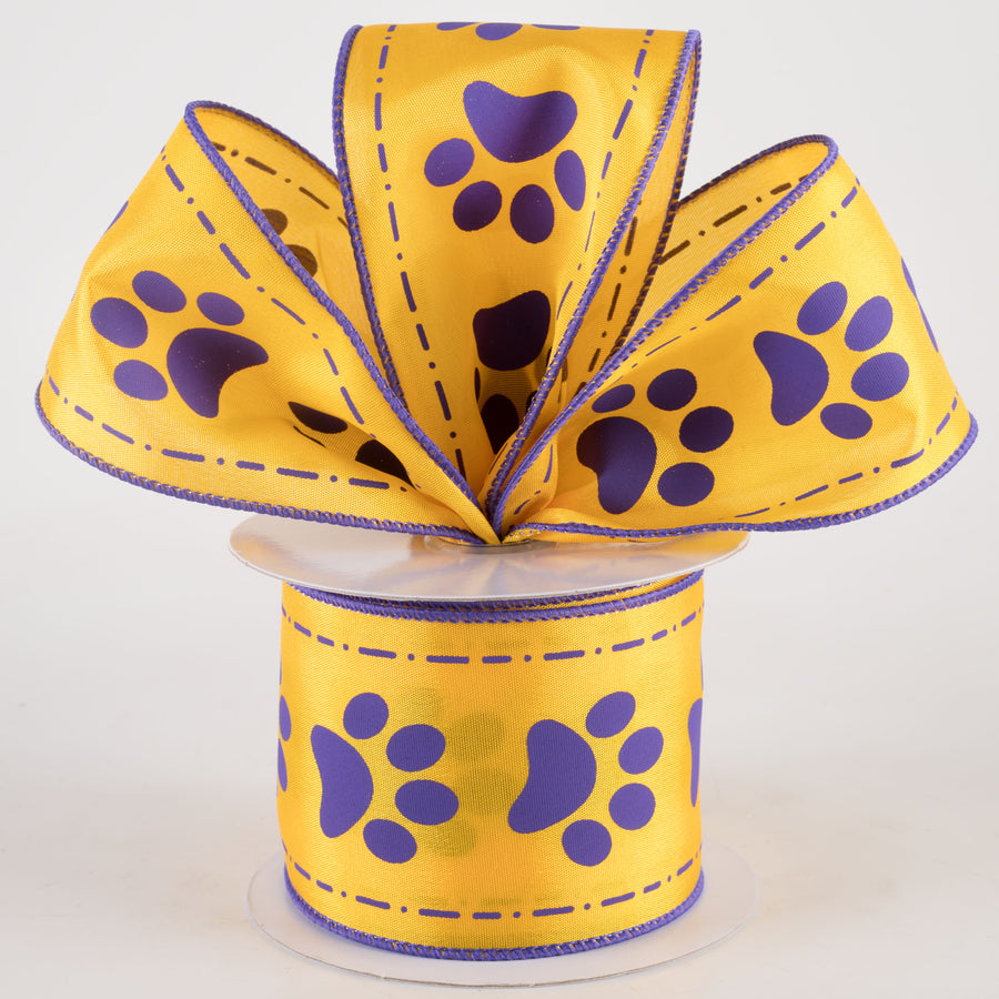2.5" Bordered Paw Prints Ribbon: Purple & Golden Yellow (10 Yards) Lifestyle Photo