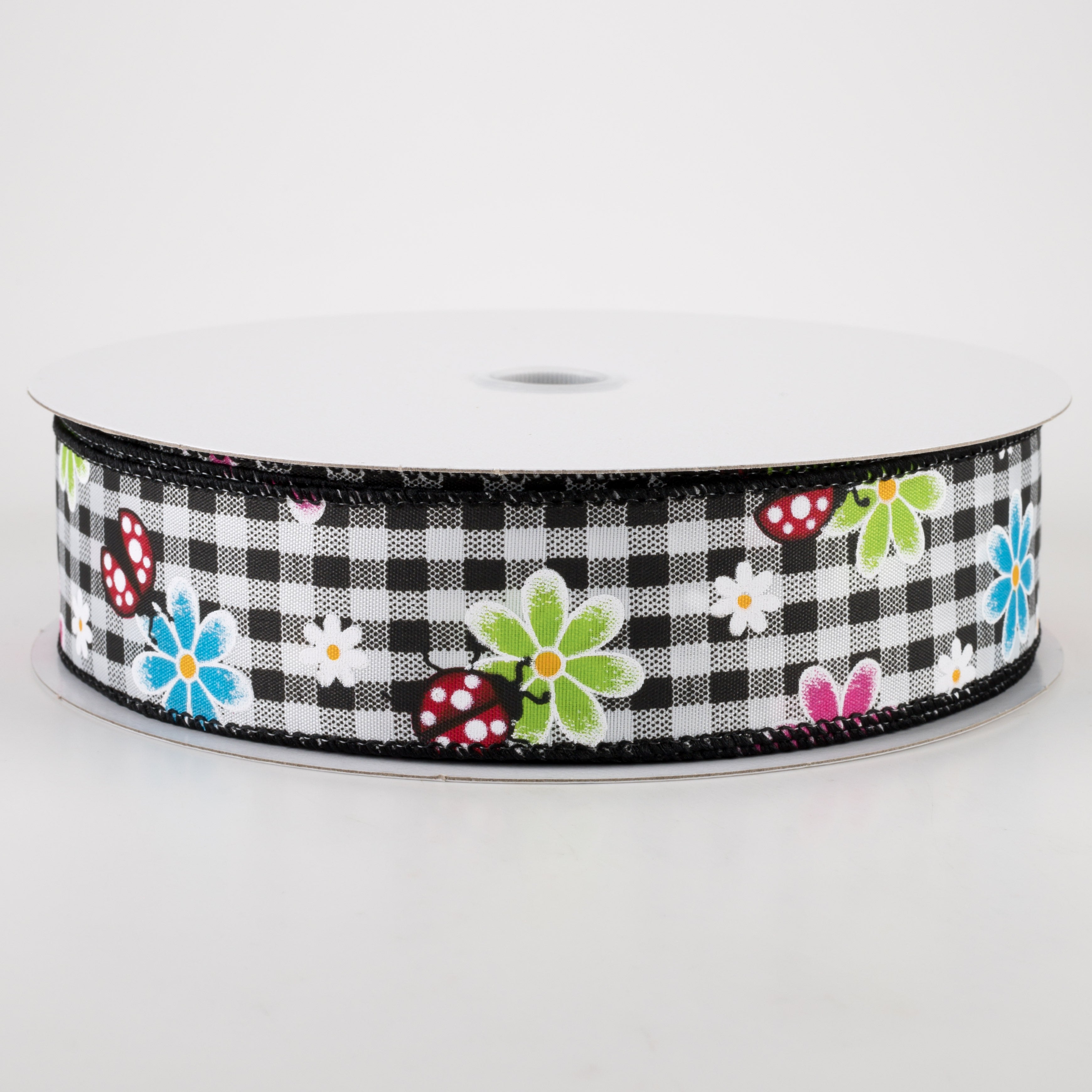 1.5" Bright Daisies and Ladybugs Ribbon: Black & White Gingham (50 Yards)