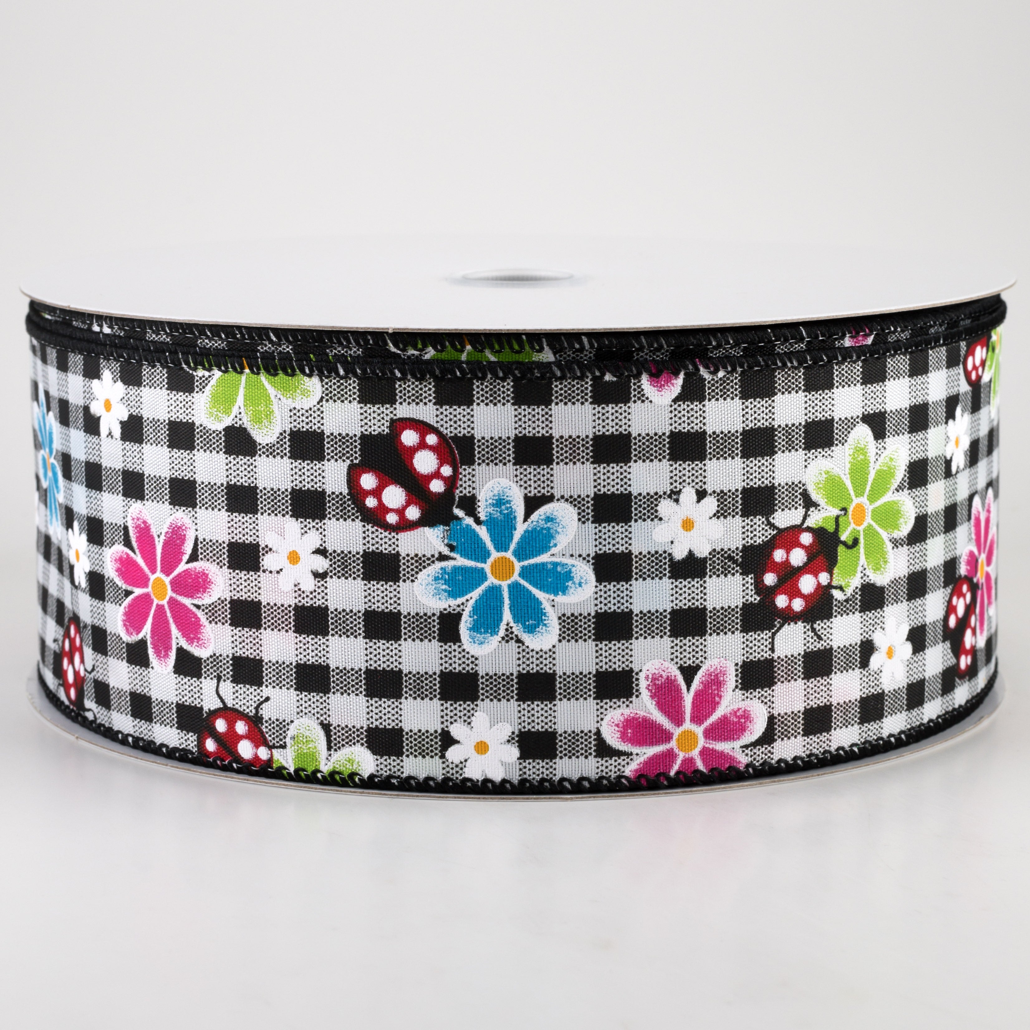 2.5" Bright Daisies and Ladybugs Ribbon: Black & White Gingham (50 Yards)