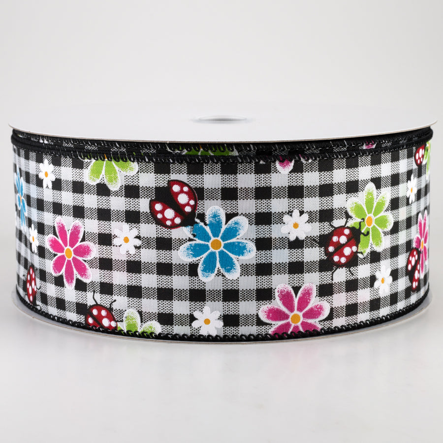 2.5" Bright Daisies and Ladybugs Ribbon: Black & White Gingham (50 Yards)