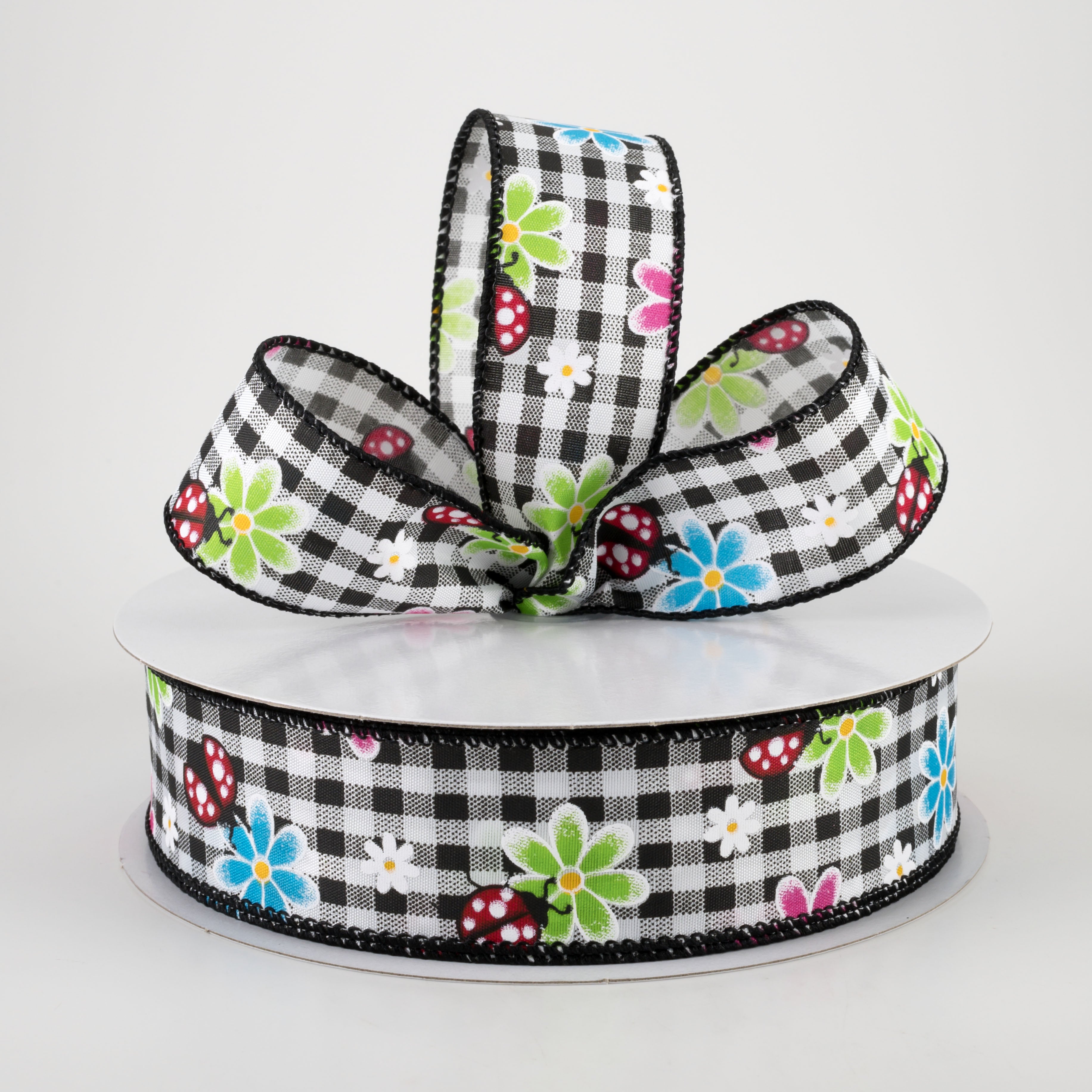 1.5" Bright Daisies and Ladybugs Ribbon: Black & White Gingham (50 Yards) Lifestyle Photo