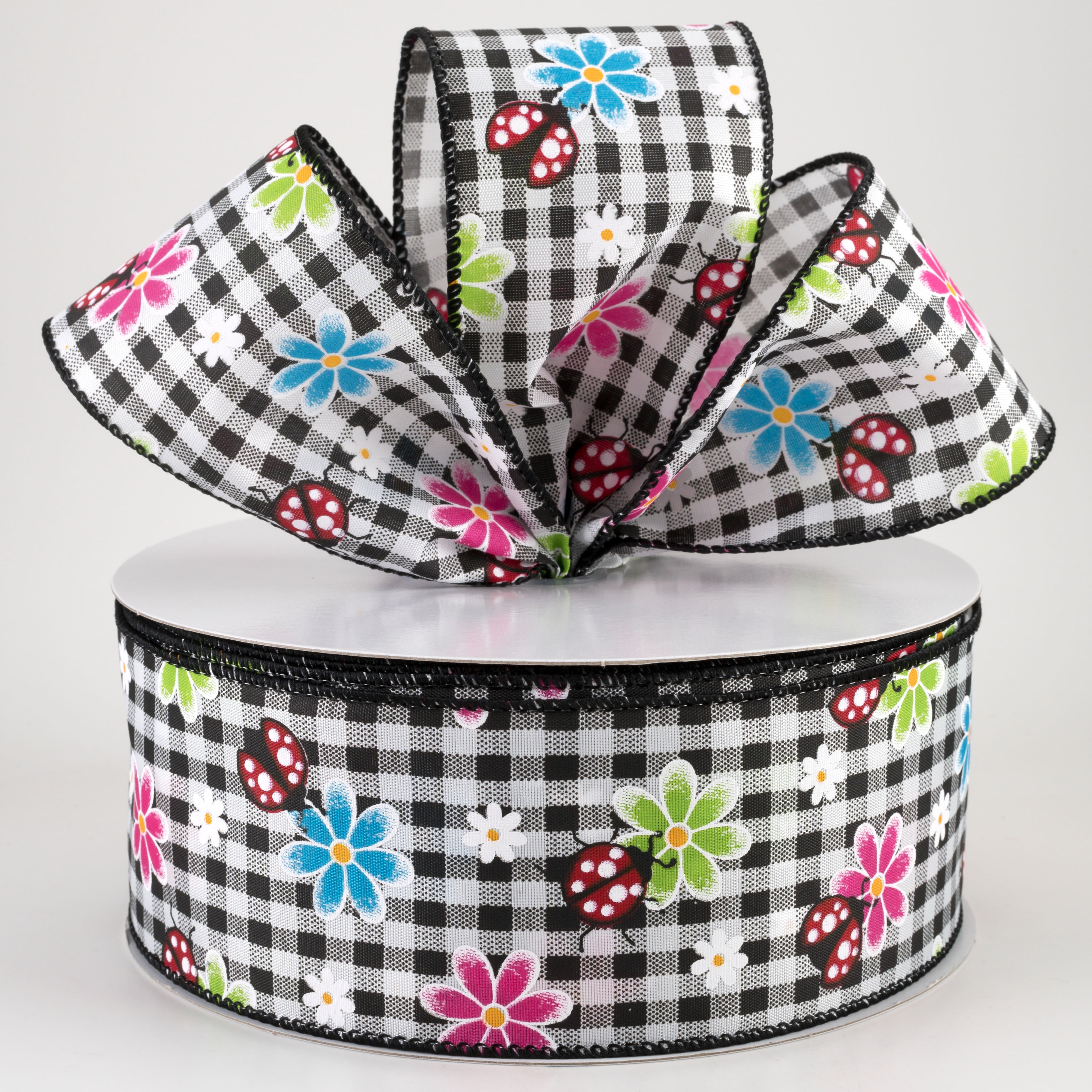 2.5" Bright Daisies and Ladybugs Ribbon: Black & White Gingham (50 Yards) Lifestyle Photo