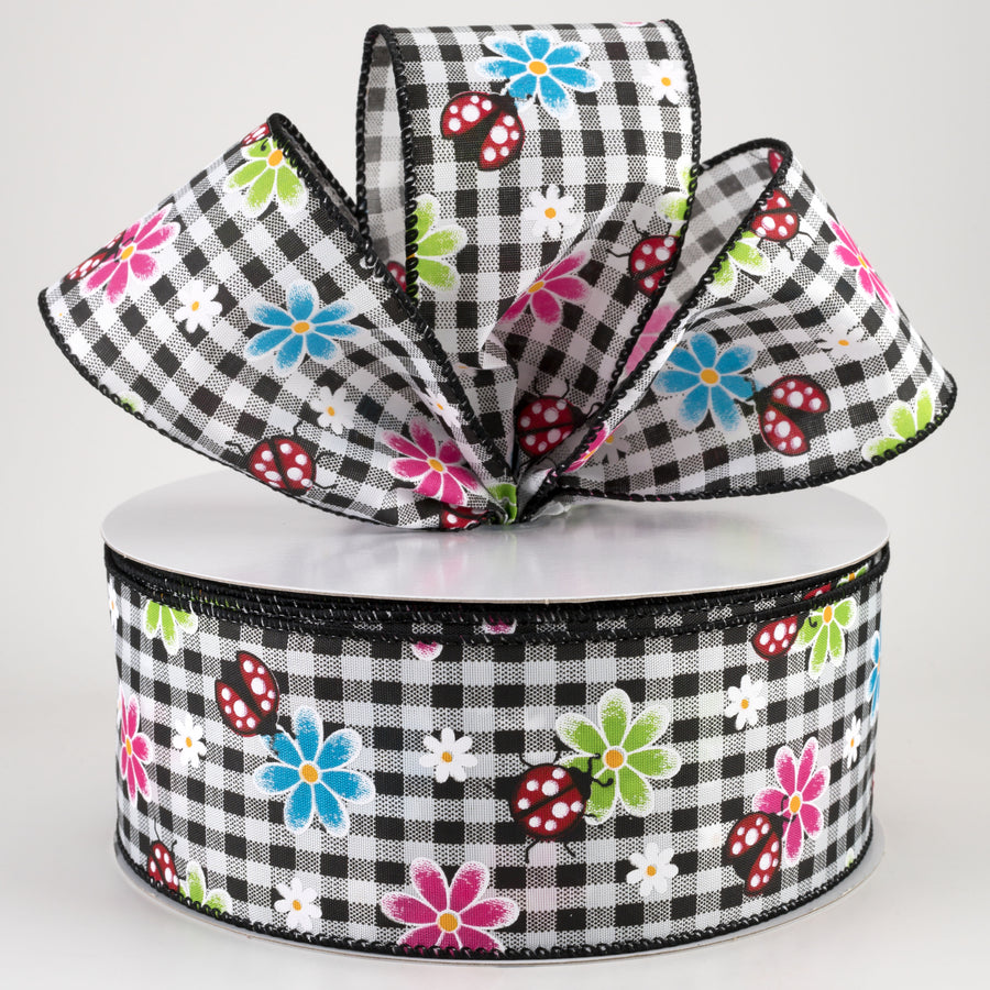 2.5" Bright Daisies and Ladybugs Ribbon: Black & White Gingham (50 Yards) Lifestyle Photo