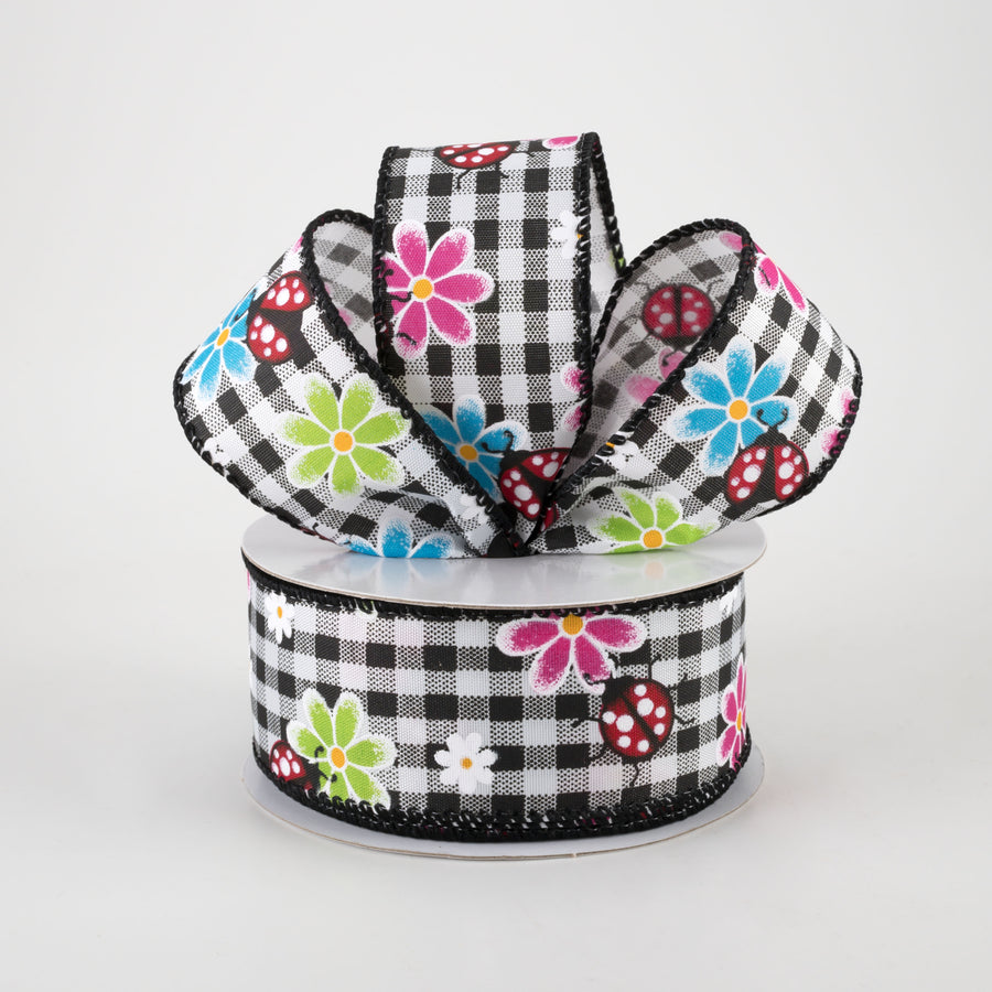 1.5" Bright Daisies and Ladybugs Ribbon: Black & White Gingham (10 Yards) Lifestyle Photo
