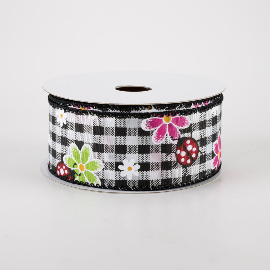1.5" Bright Daisies and Ladybugs Ribbon: Black & White Gingham (10 Yards)