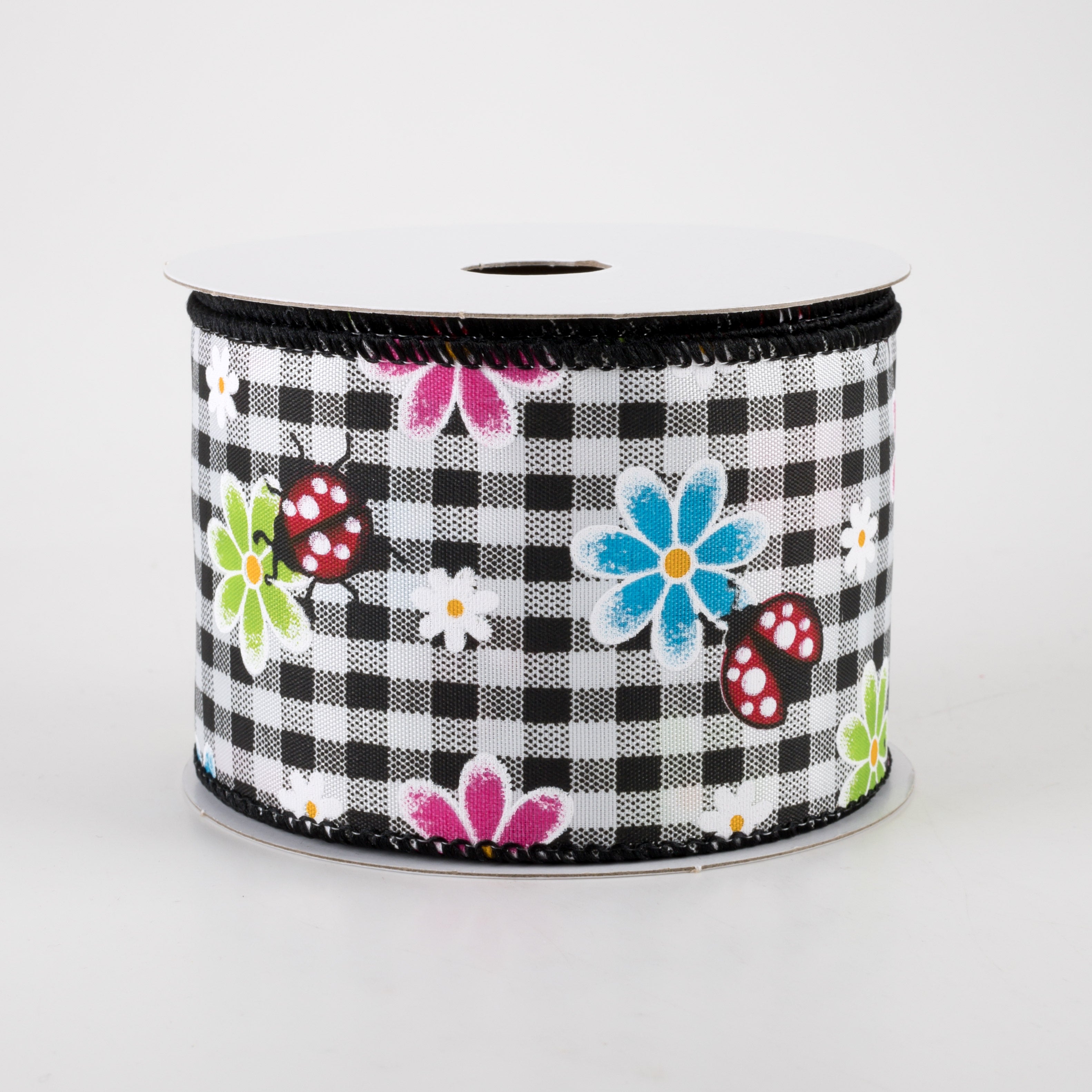 2.5" Bright Daisies and Ladybugs Ribbon: Black & White Gingham (10 Yards) Item Number: 41234-40-21