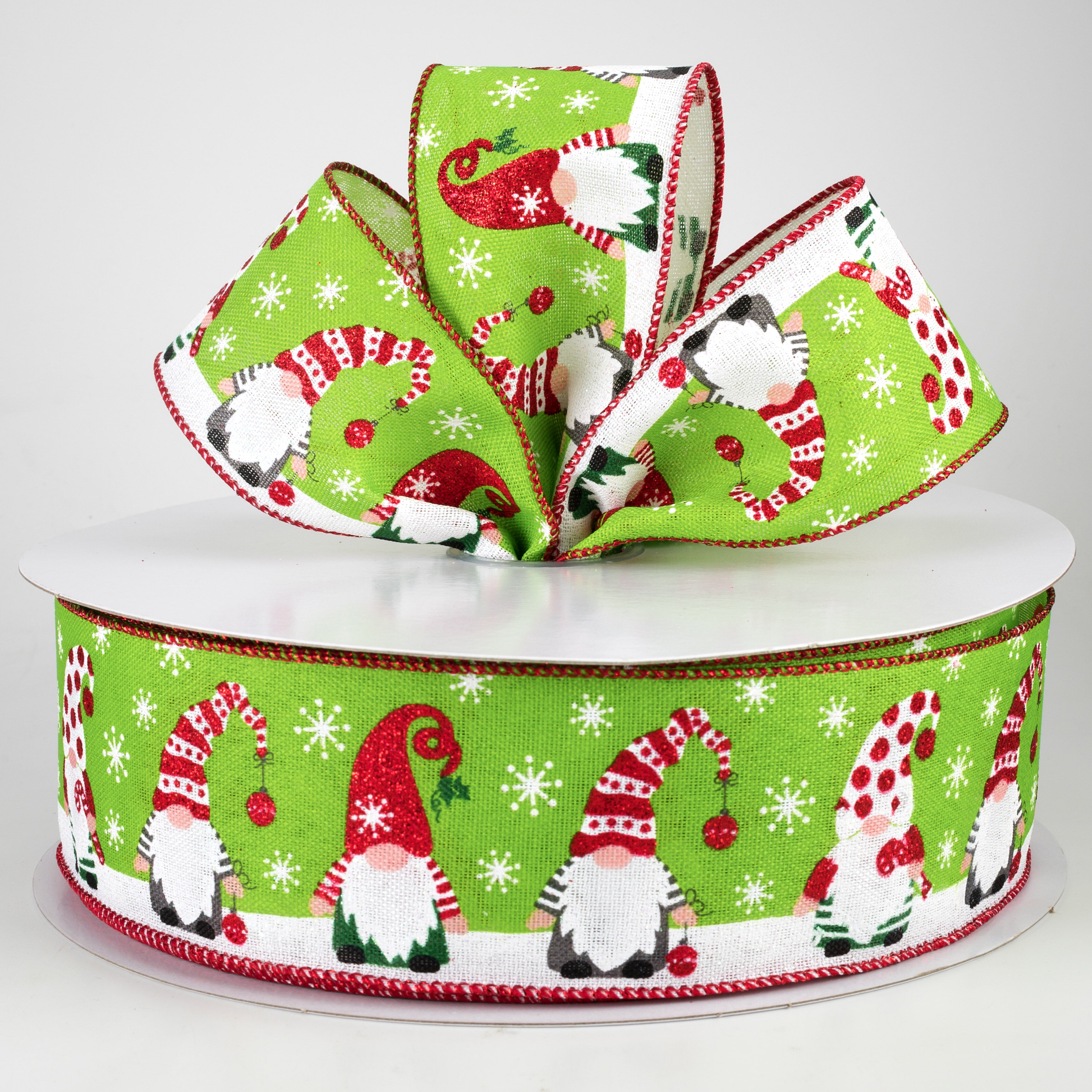 2.5" Bright Holiday Gnomes Ribbon: Fresh Green, Red, Grey (50 Yards) Lifestyle Photo